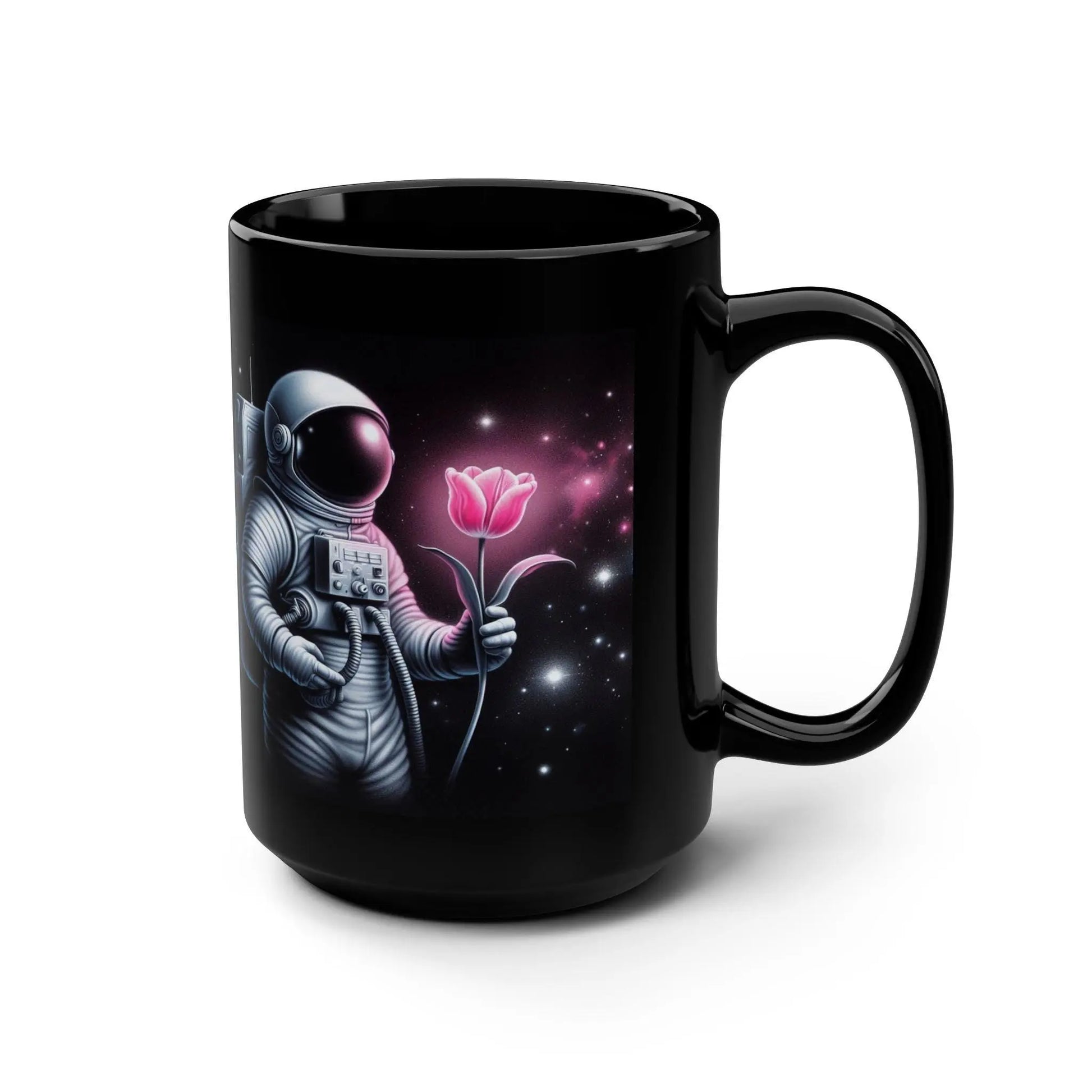 Astronaut Rose Black Mug: Space Coffee Cup, Cosmic Decor Rainbow Chaos Art Studio