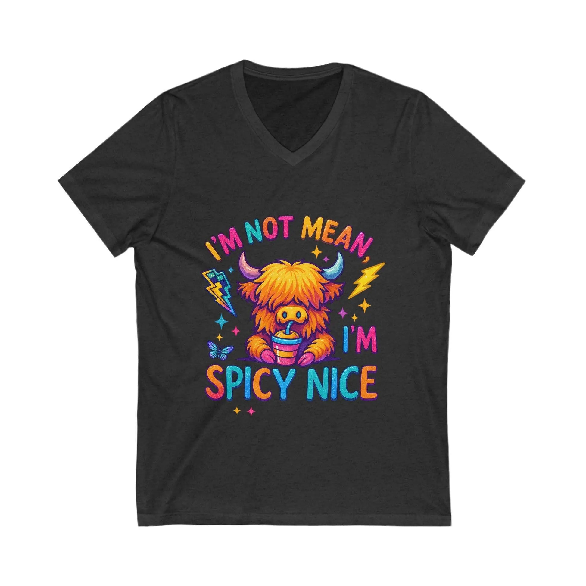 Spicy Nice Graphic V-Neck Tee: Fun Unisex T-Shirt Rainbow Chaos Art Studio