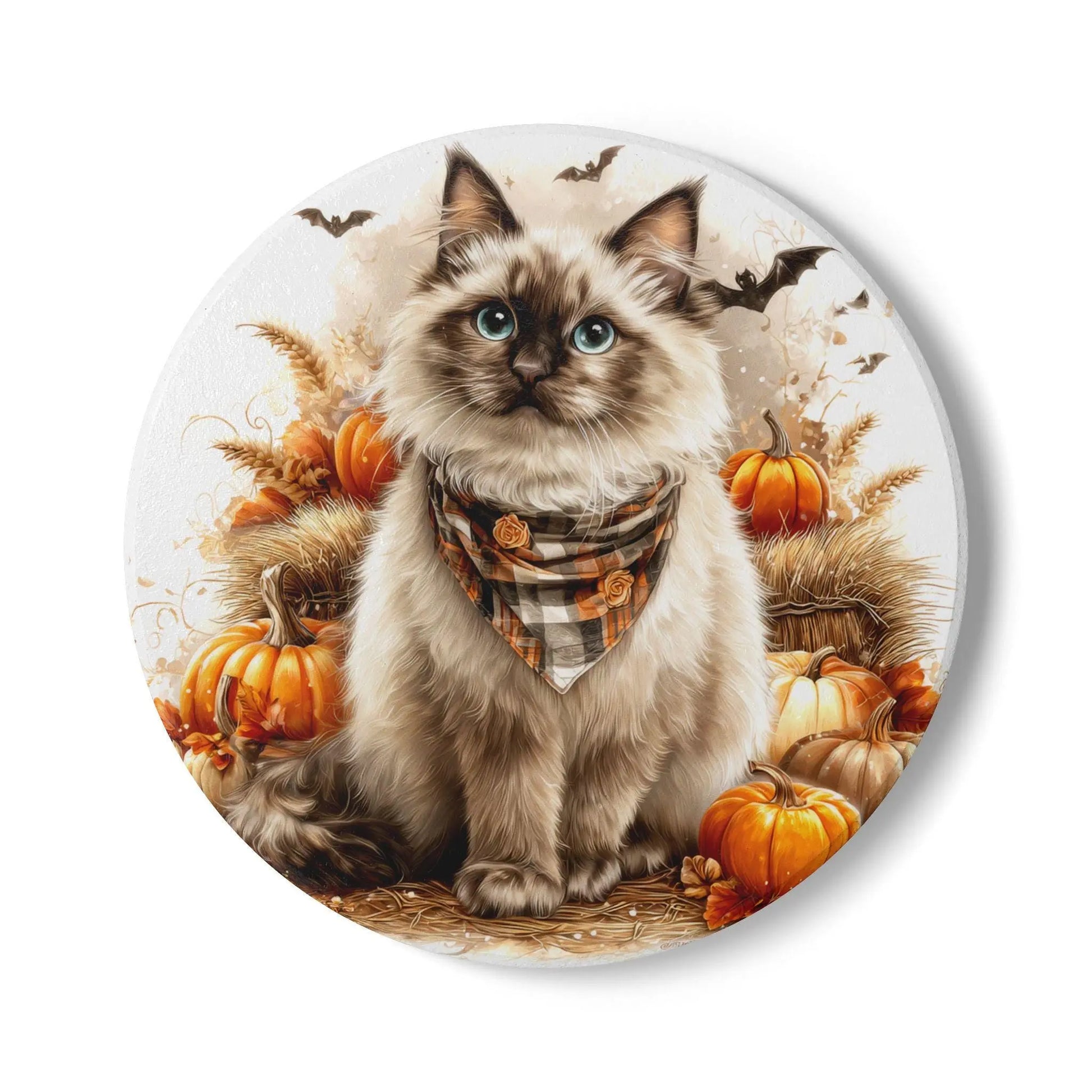 Birman Cat Ceramic Coaster: Autumn Fall Decor, Pet Lover Gift Rainbow Chaos Art Studio