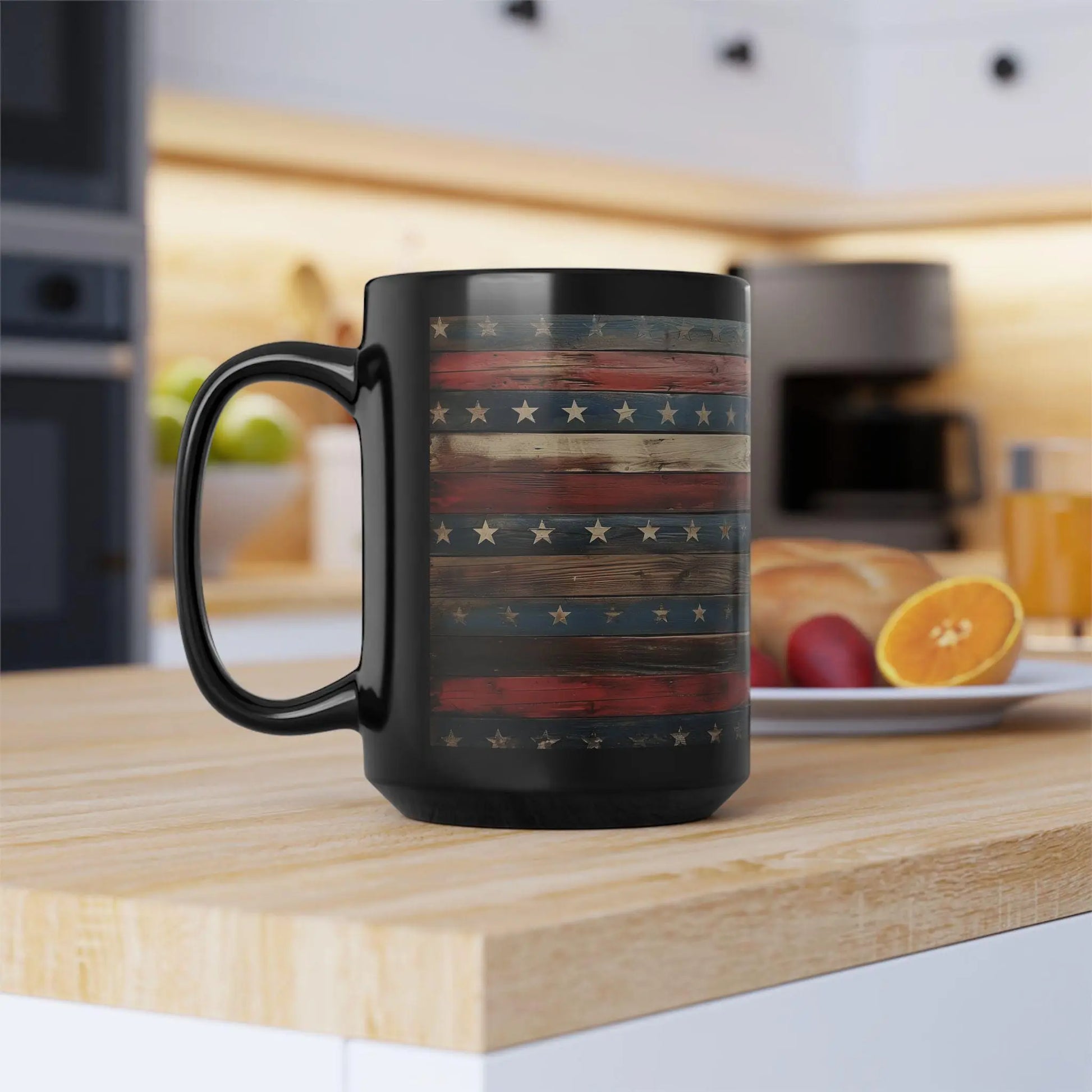 Patriotic Black Coffee Mug: Americana Decor, July 4th Gift Rainbow Chaos Art Studio