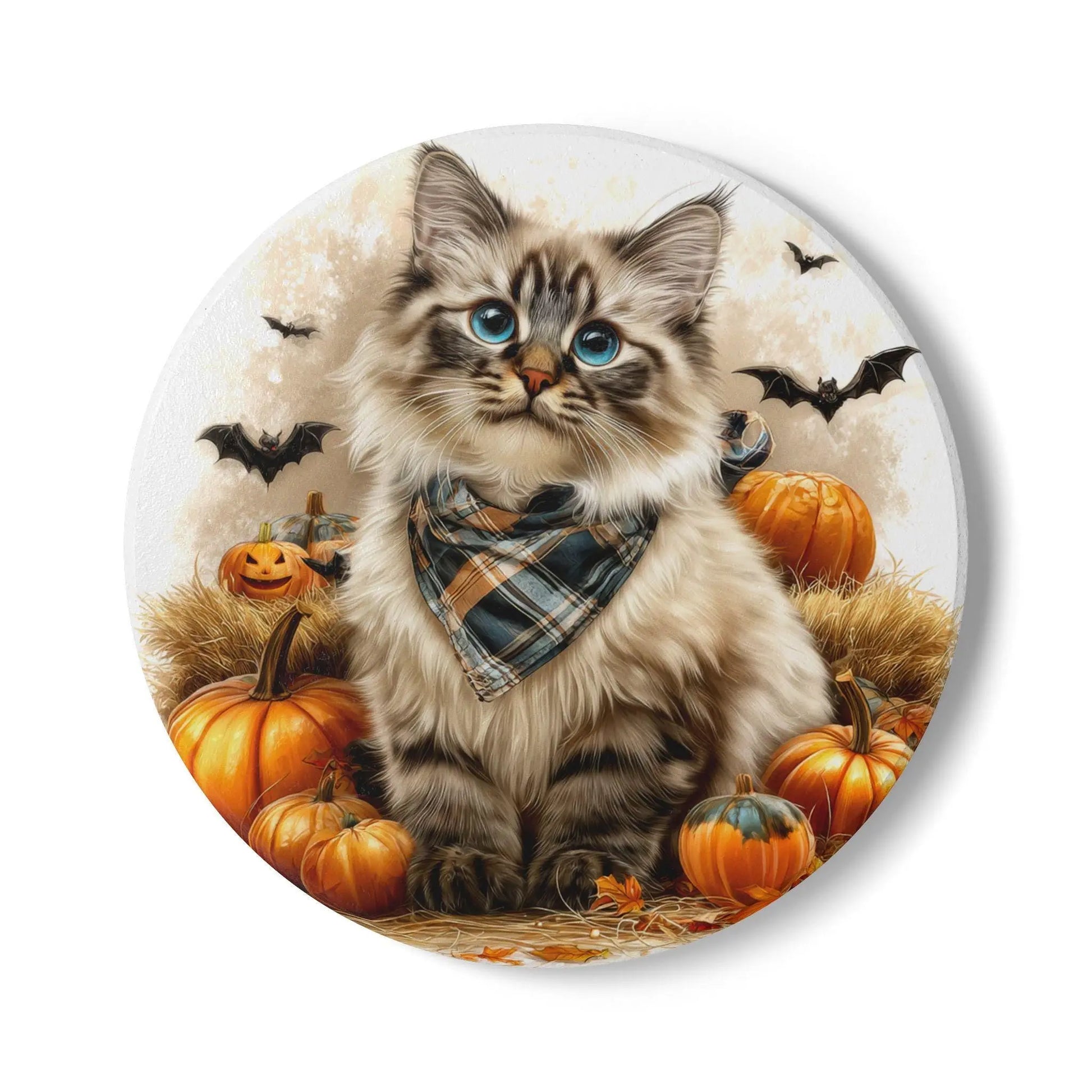 Siberian Cat *Cute Cat Halloween Ceramic Coaster* - Fall Decor, Gift for Cat Lovers, Autumn Tableware, Seasonal Home Accessory Rainbow Chaos Art Studio