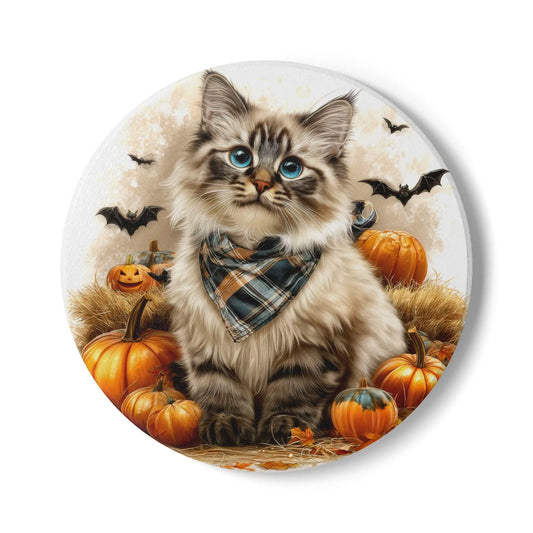 Siberian Cat *Cute Cat Halloween Ceramic Coaster* - Fall Decor, Gift for Cat Lovers, Autumn Tableware, Seasonal Home Accessory Rainbow Chaos Art Studio