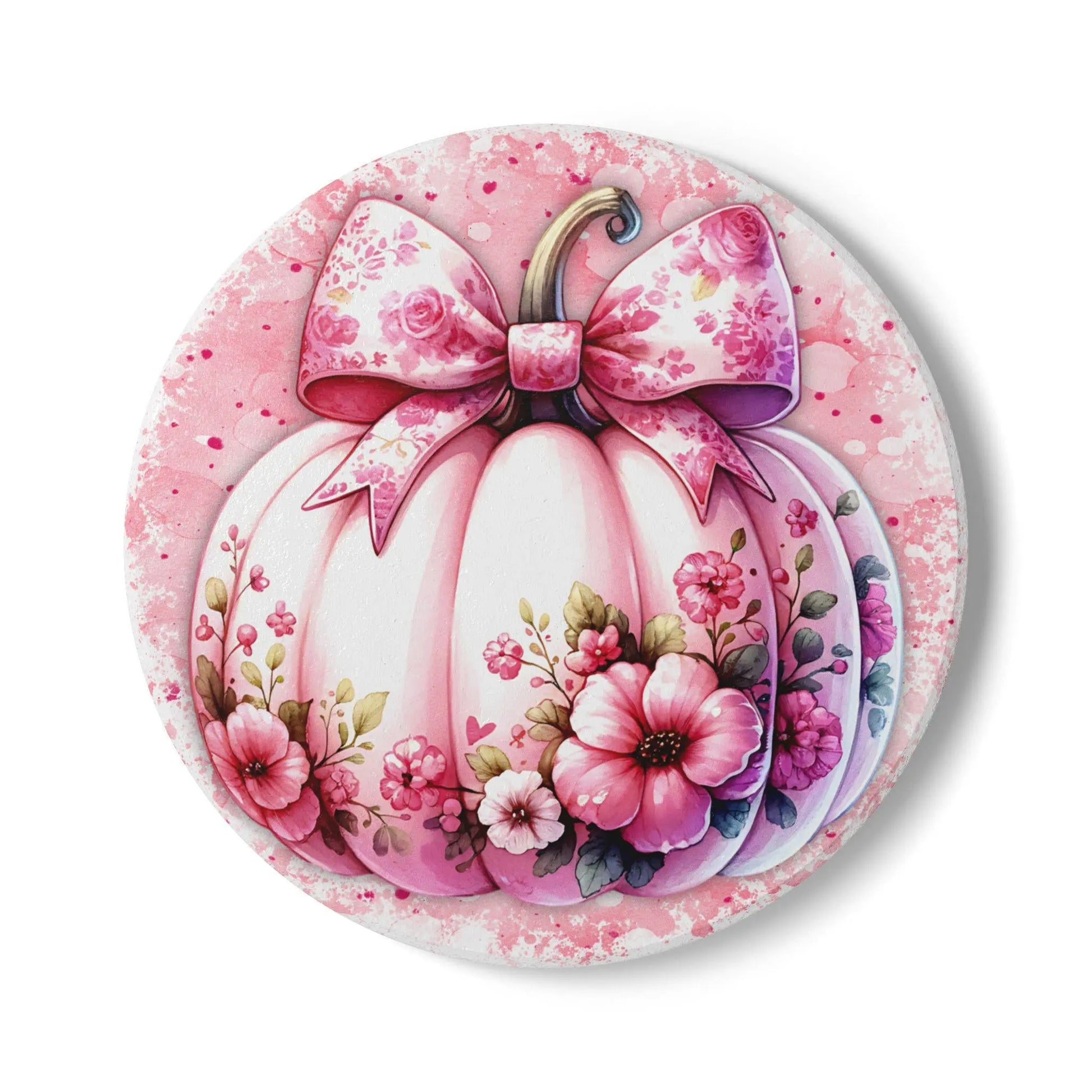 Pumpkin Floral Ceramic Coaster: Whimsical Autumn Table Decor Rainbow Chaos Art Studio