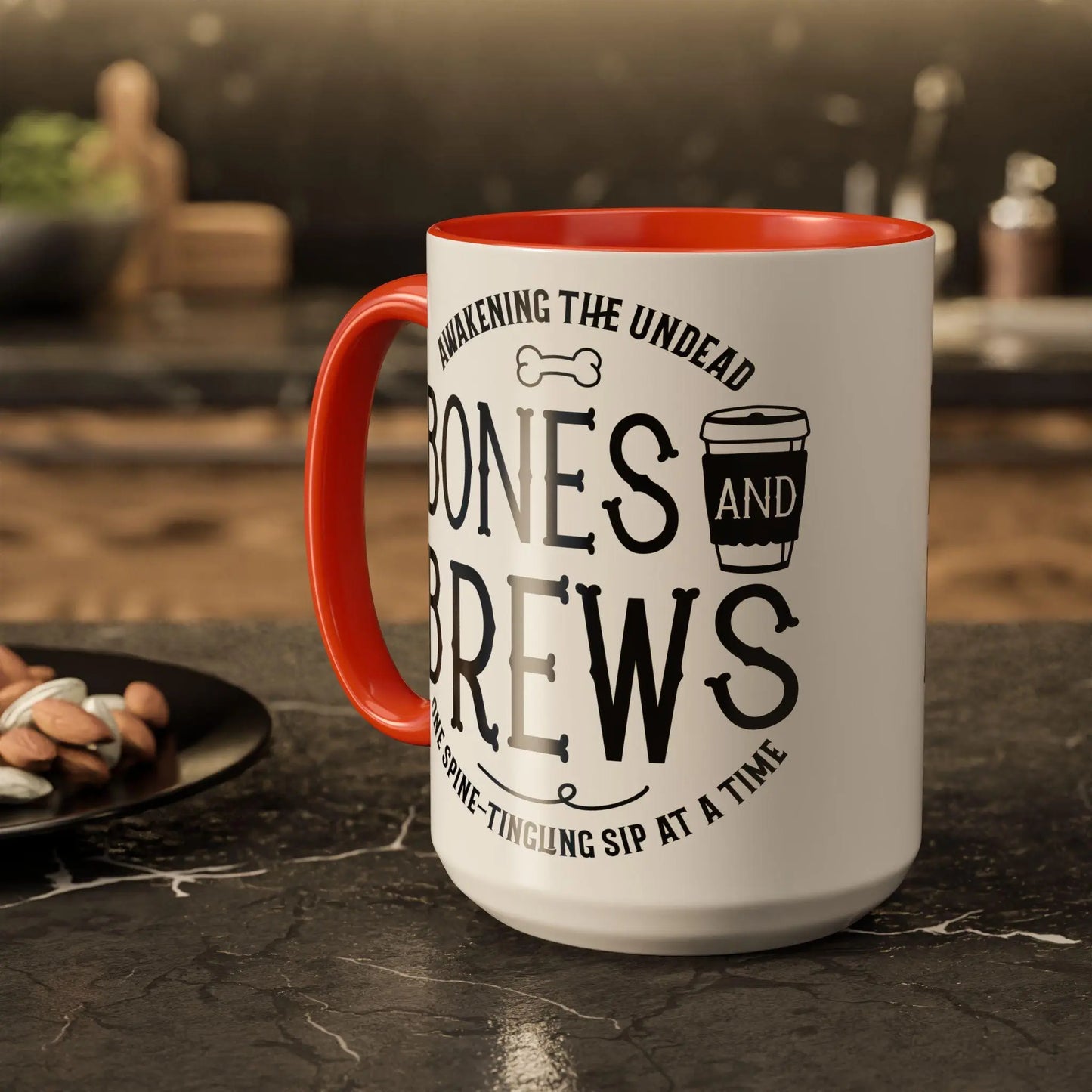 Halloween Coffee Mug: Bones and Brews Design, Colorful Ceramic Rainbow Chaos Art Studio