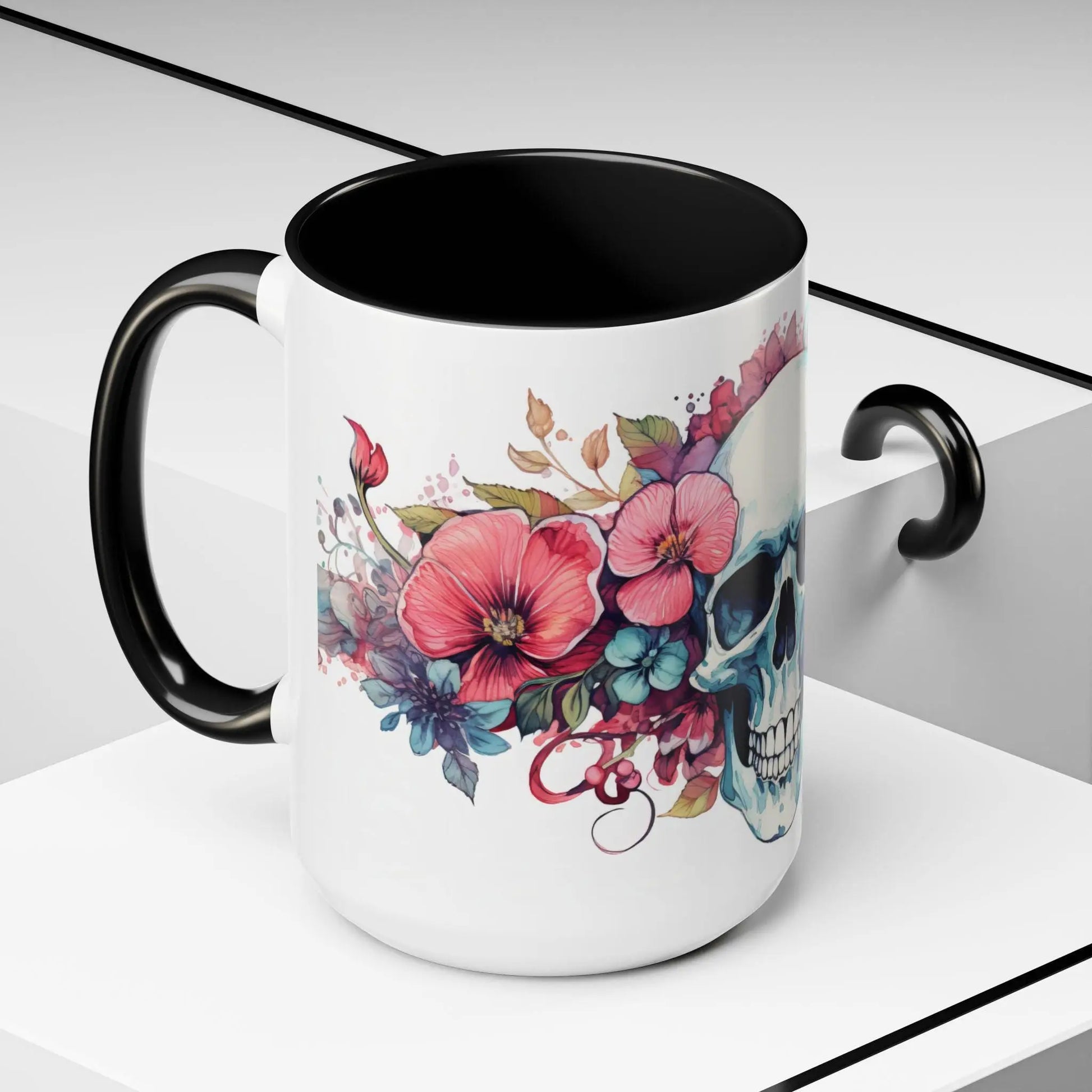 Floral Skull Coffee Mug | Unique Gift for Halloween, Day of the Dead, Skull Lovers, Artisan Coffee Drinkers Rainbow Chaos Art Studio