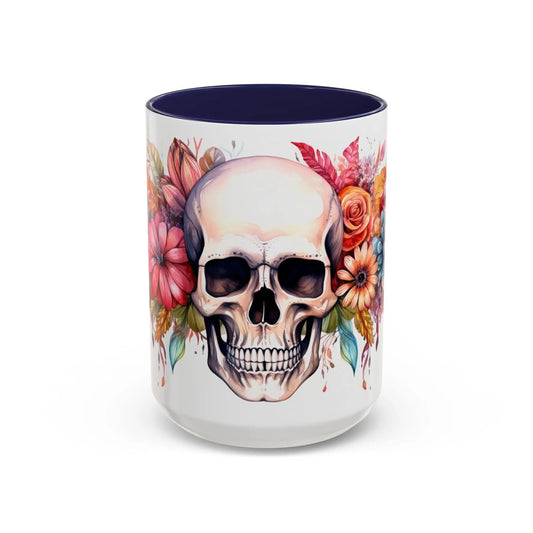 Pretty Floral Skull Coffee Mug, Gothic Coffee Cup, Unique Art Mug, Halloween Gift, Day of the Dead Decor Rainbow Chaos Art Studio