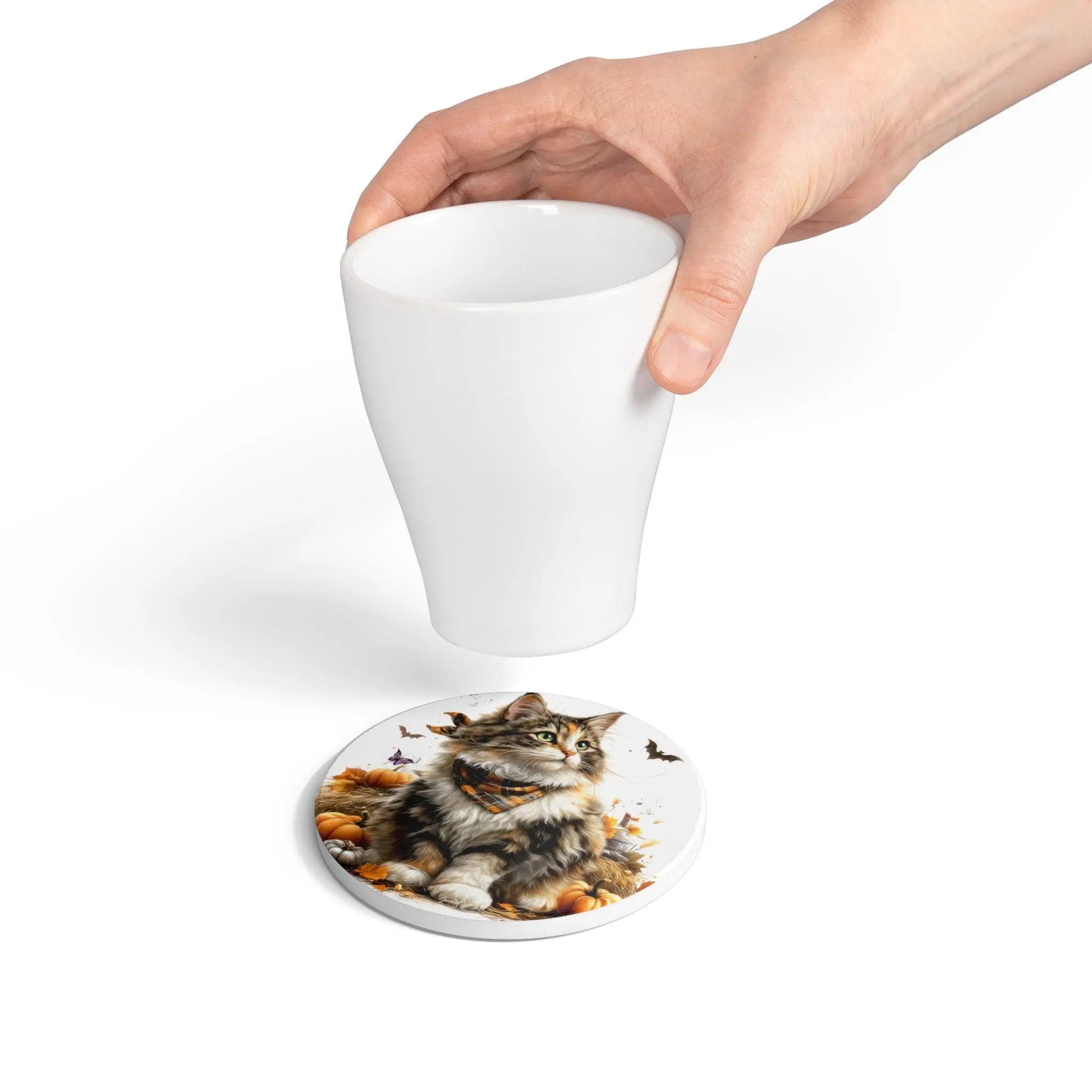 Norwegian Forest Cat Ceramic Coaster: Whimsical Fall Decor Rainbow Chaos Art Studio