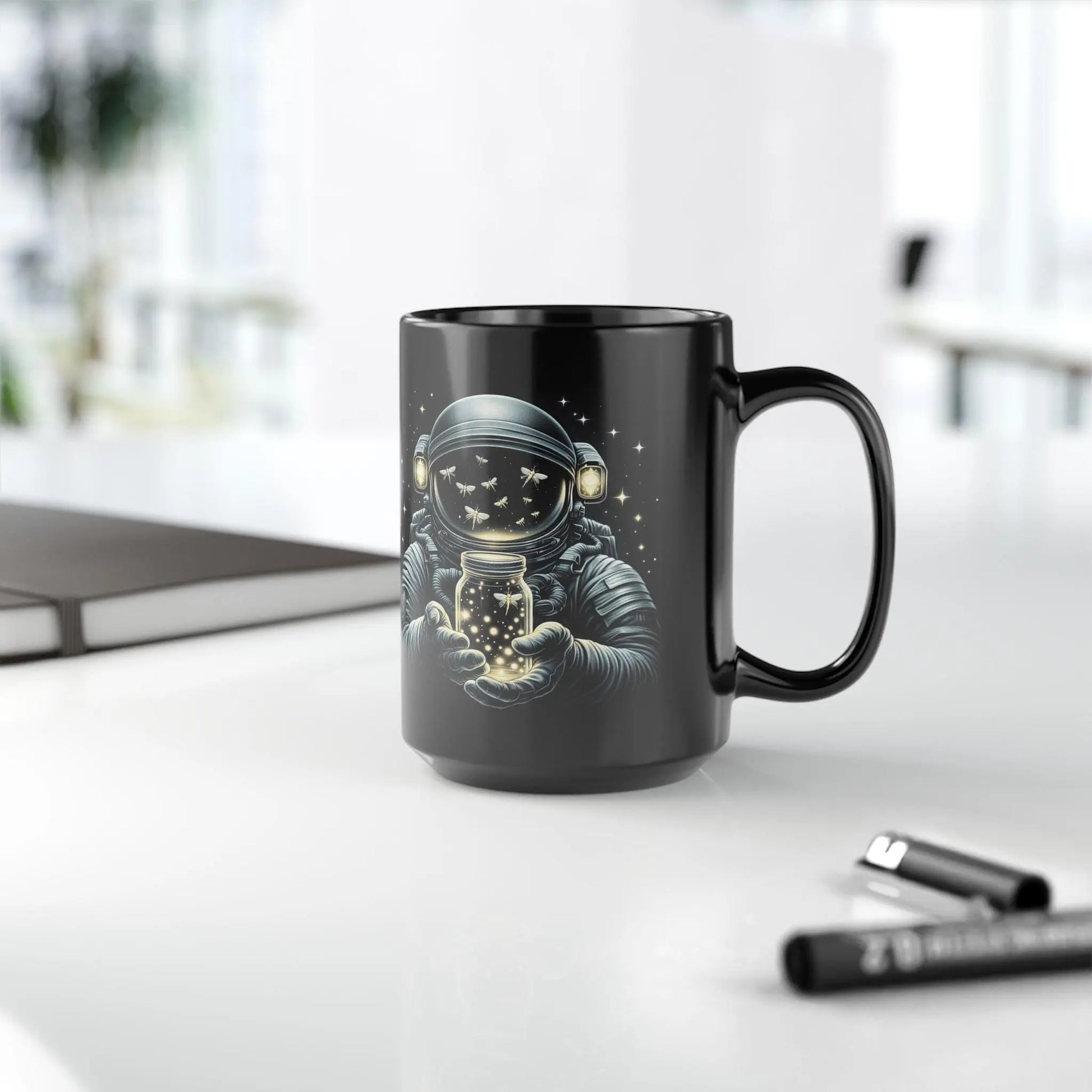 Astronaut Dream Black Coffee Mug: Cosmic Space Lover Gift Rainbow Chaos Art Studio