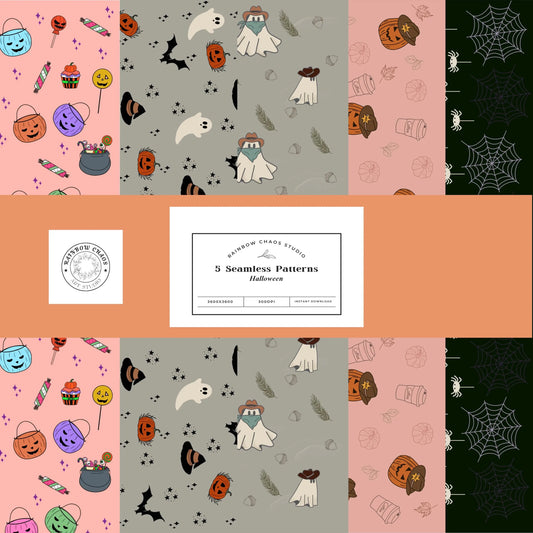 Halloween Seamless Pattern | Pumpkins and Ghosts | Printable Digital Paper Rainbow Chaos Art Studio