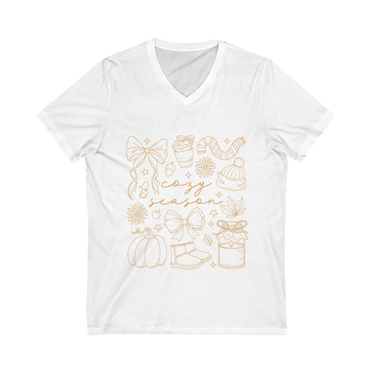 Cozy Season V-Neck Tee: Unisex Fall & Holiday Celebrations Rainbow Chaos Art Studio
