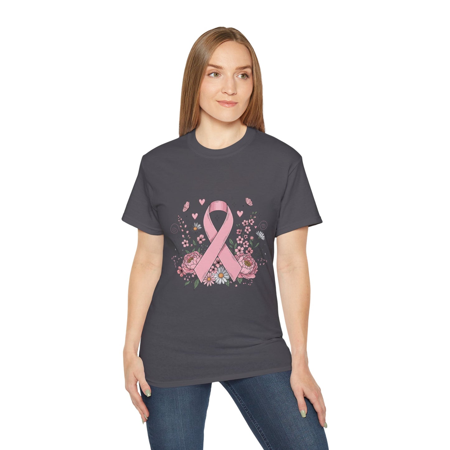 Breast Cancer Awareness Tee, Support Shirt, Floral Ribbon Design, Gift for Her, Unisex T-Shirt