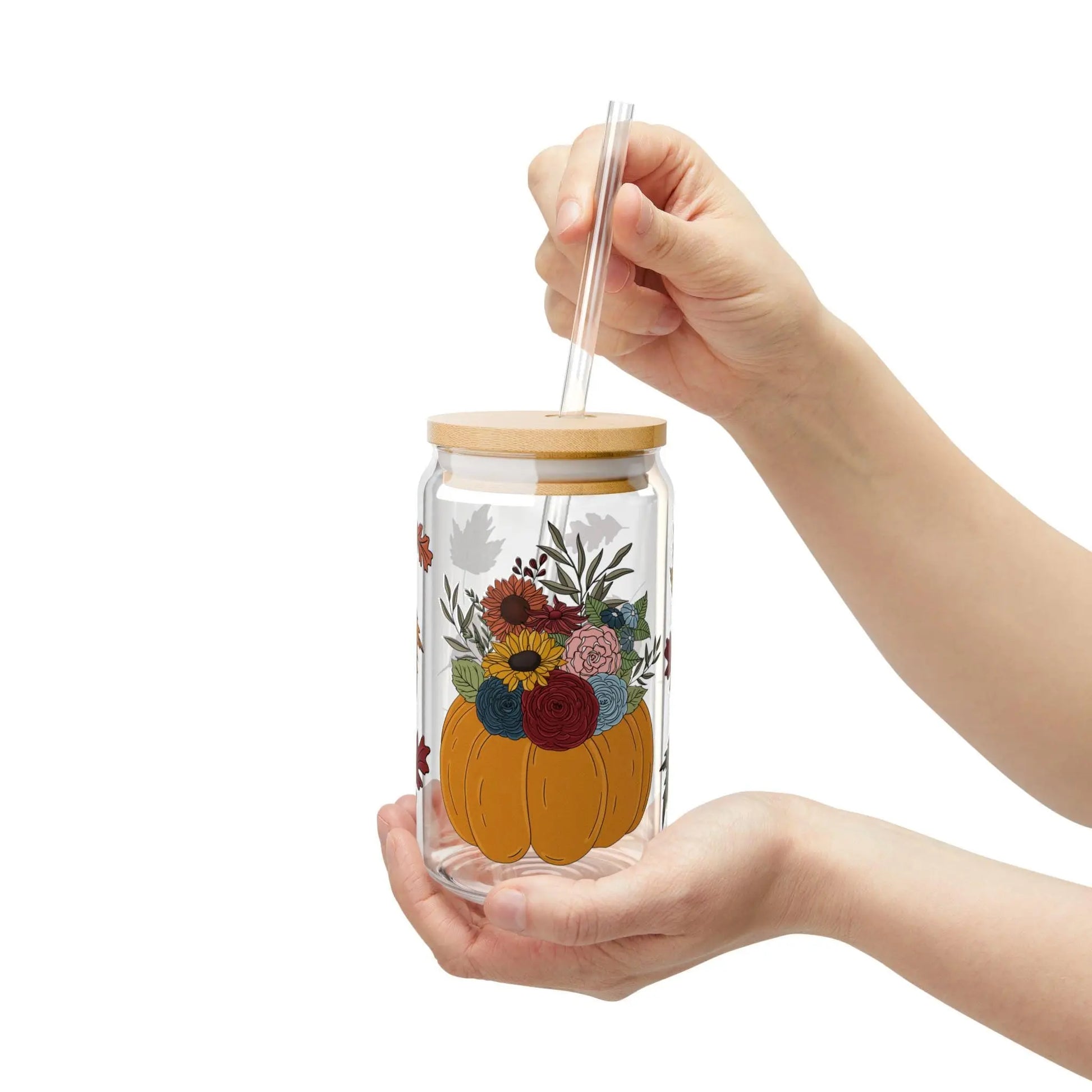 Fall Floral Sipper Glass: Pumpkin & Leaf Design with Bamboo Lid Rainbow Chaos Art Studio