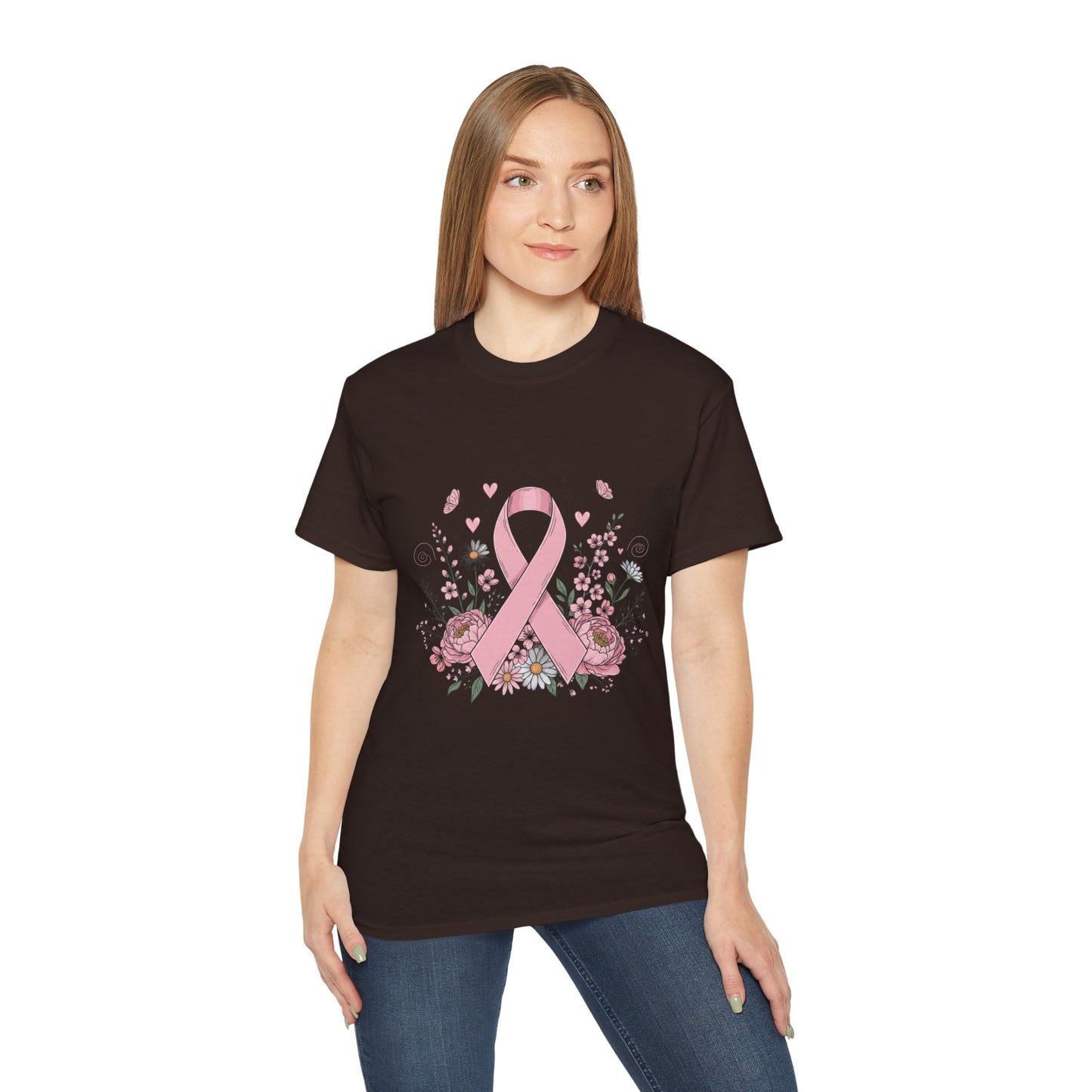 Breast Cancer Awareness Tee, Support Shirt, Floral Ribbon Design, Gift for Her, Unisex T-Shirt