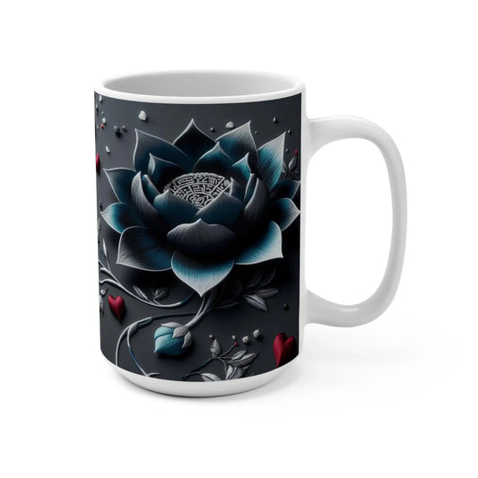 Floral Lotus Mug: Elegant Black and Blue Ceramic Coffee Cup Rainbow Chaos Art Studio