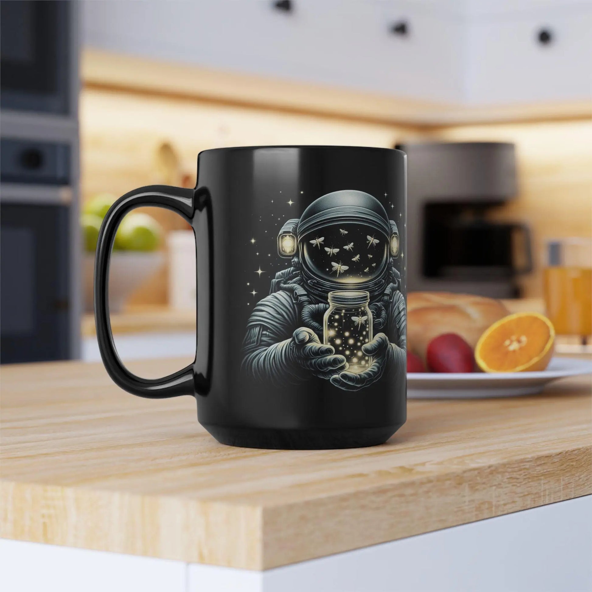 Astronaut Dream Black Coffee Mug: Cosmic Space Lover Gift Rainbow Chaos Art Studio