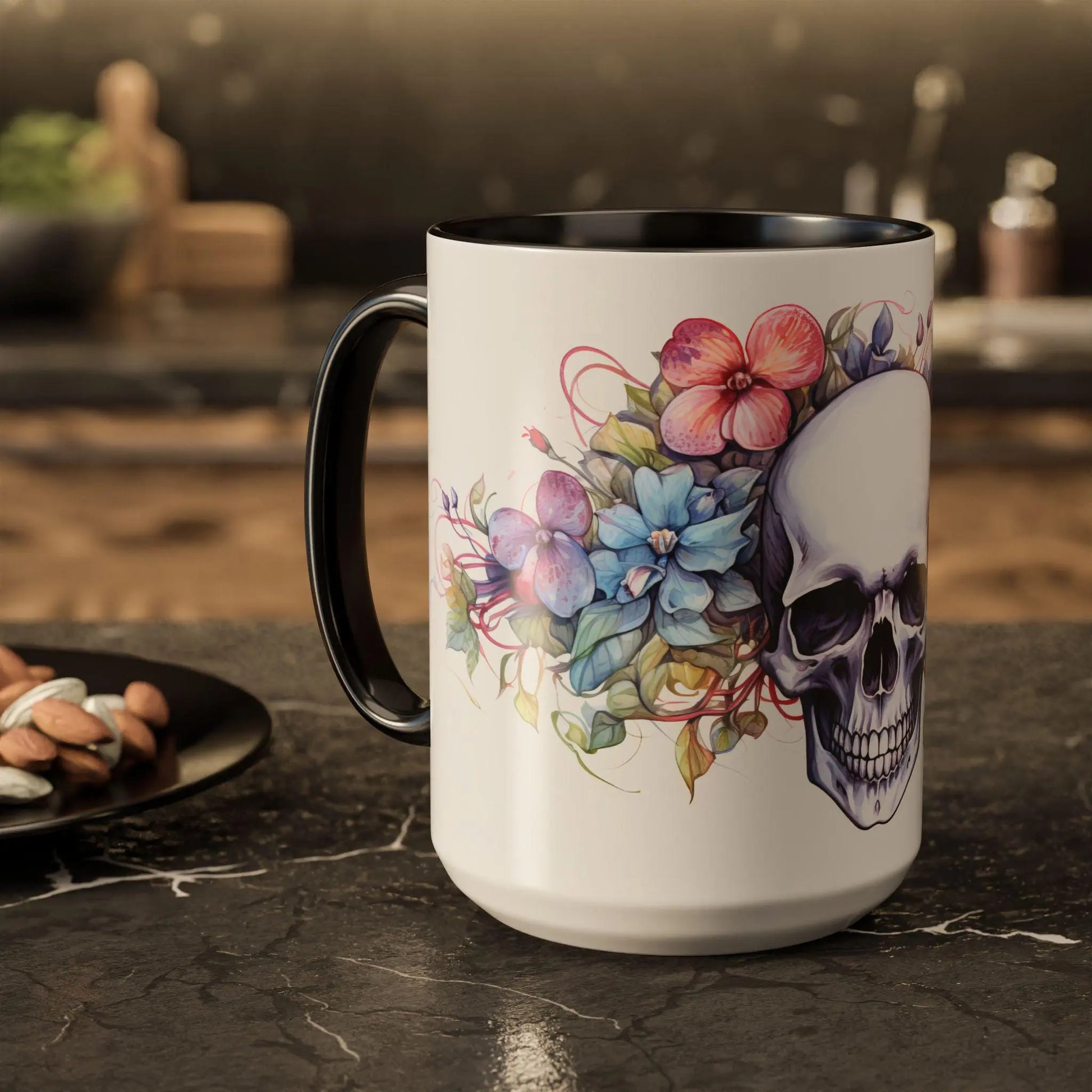 Colorful Skull Flower Coffee Mug: Gothic Floral Drinkware Rainbow Chaos Art Studio