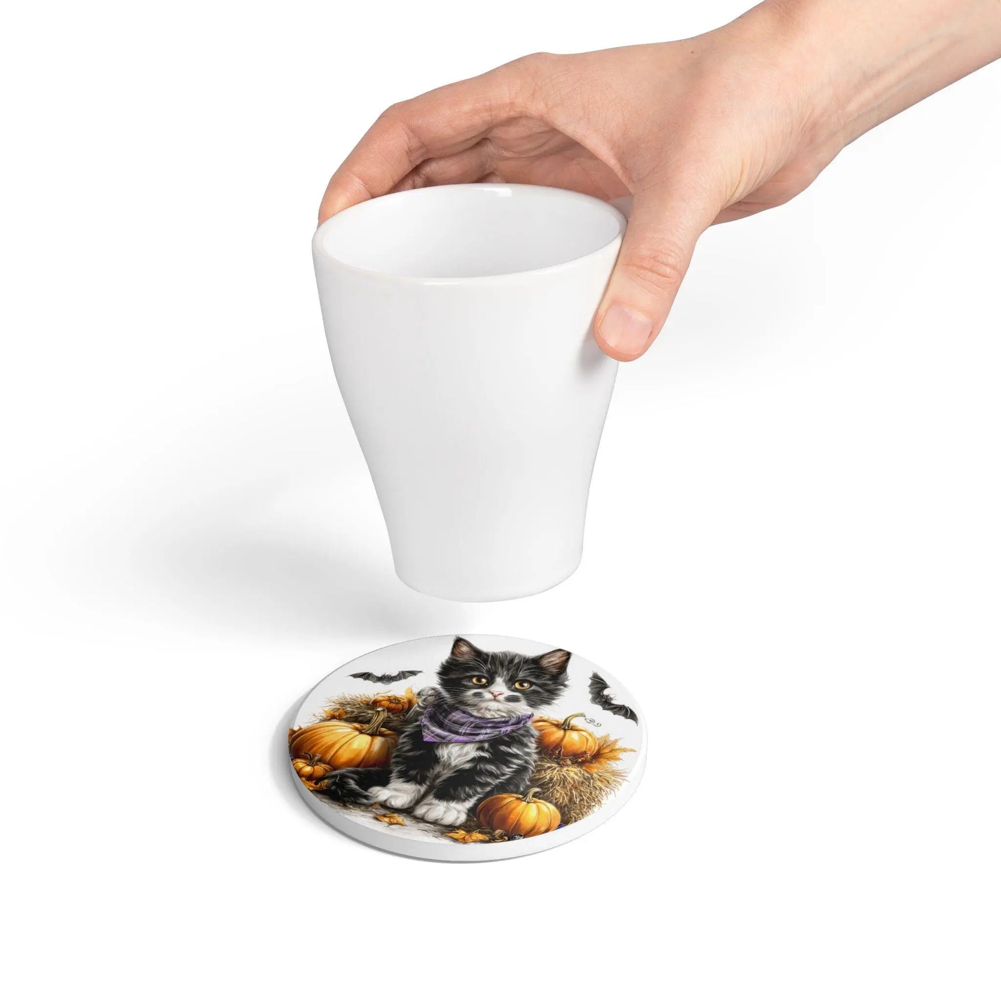 Tuxedo Cat Halloween Coaster: Ceramic Fall Decor Rainbow Chaos Art Studio