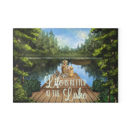 Lake Scene Glass Cutting Board: Kitchen & Lake House Decor Rainbow Chaos Art Studio