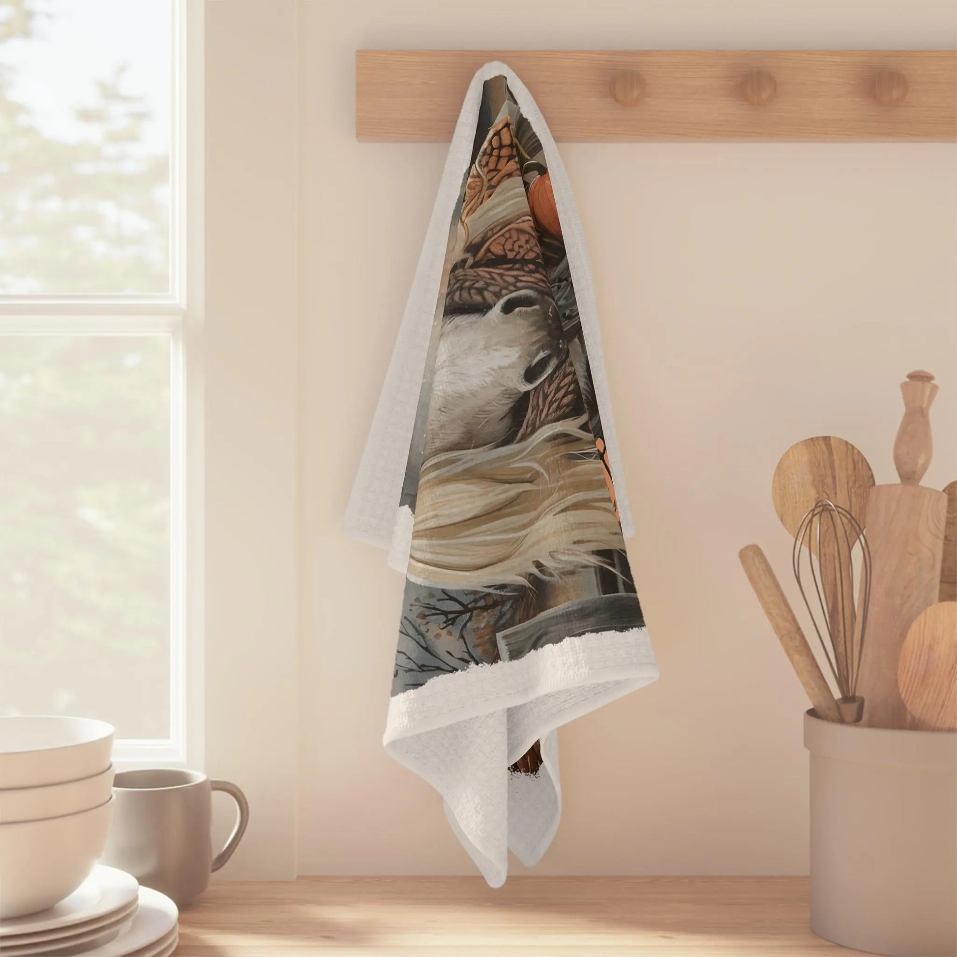 Harvest Horse Tea Towel: Autumn Kitchen Decor, Equestrian Farmhouse Style Rainbow Chaos Art Studio