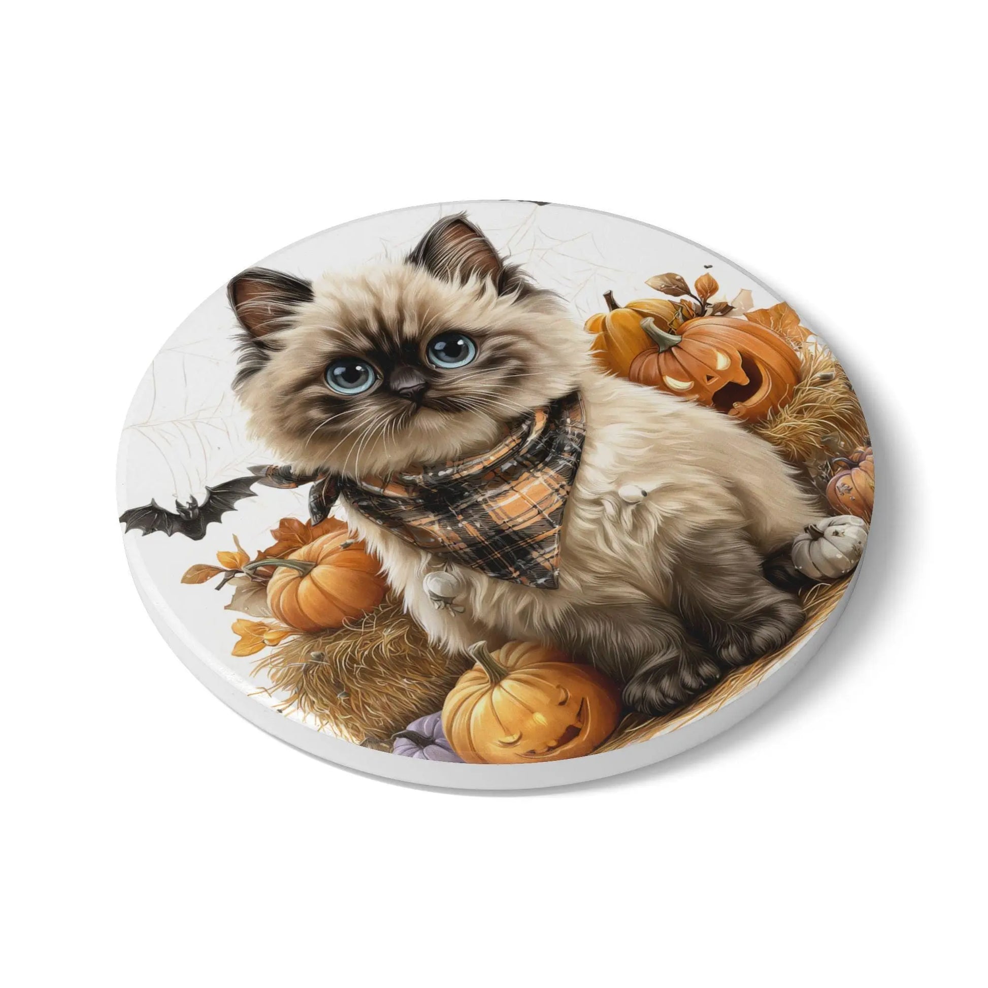 Halloween Cat Ceramic Coaster: Spooky Fall Decor, Pet Lover Gift Rainbow Chaos Art Studio