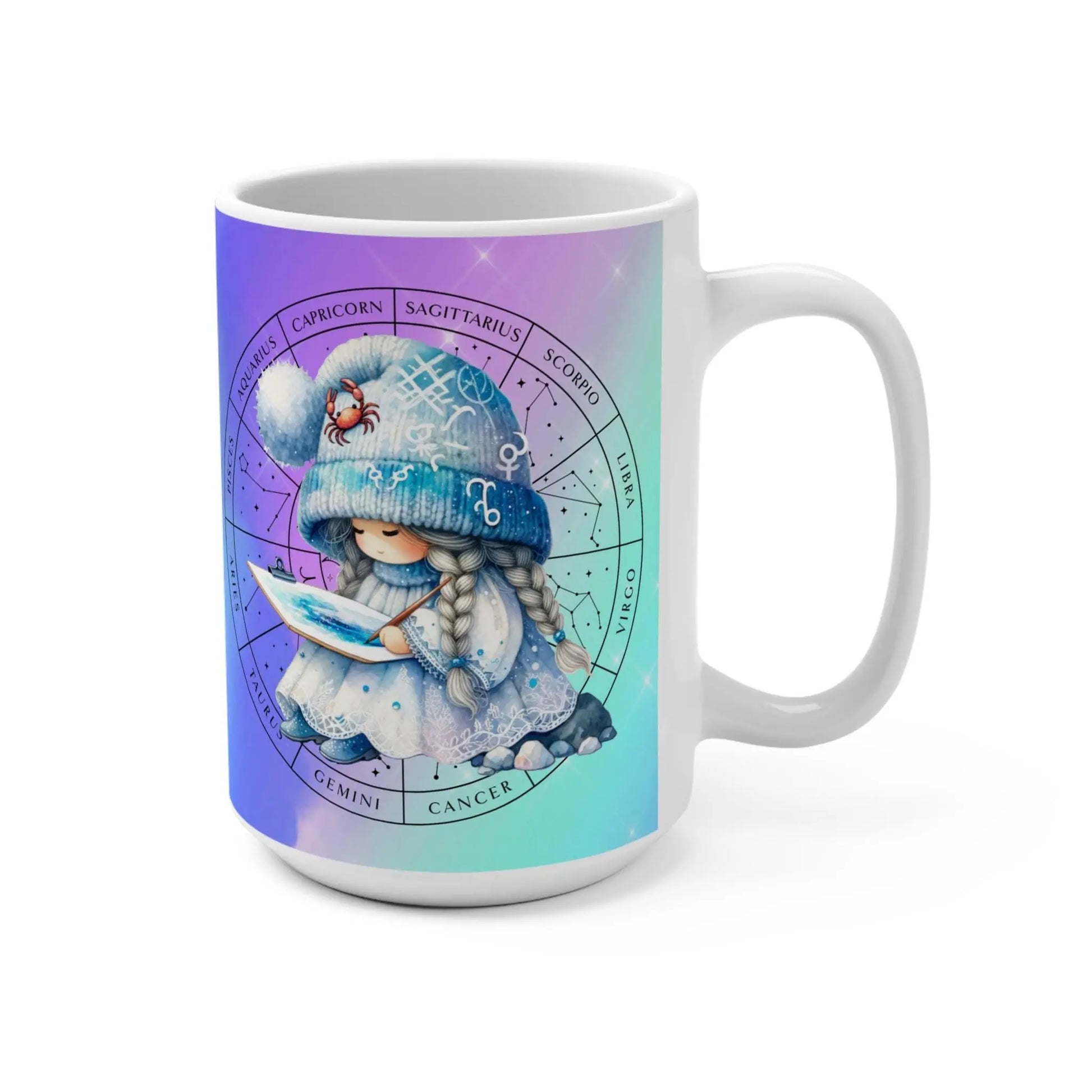 Cancer Zodiac Gnome Mug: Astrology Coffee Cup, Birthday Gift Rainbow Chaos Art Studio