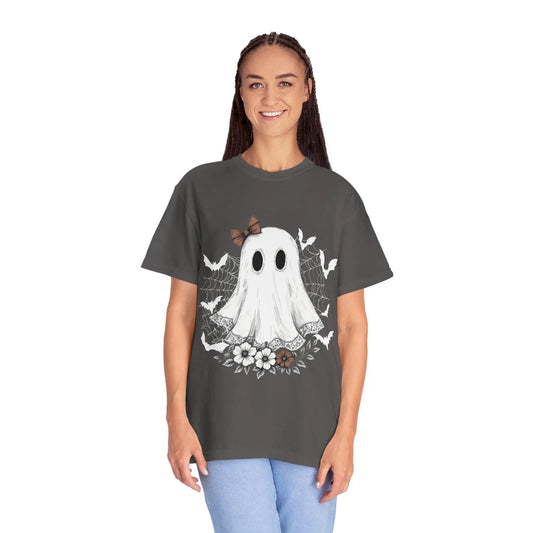 Lacy Ghost Unisex T-shirt, Halloween Shirt for Autumn, Scary Ghost Tee, Spooky Tee, Creepy Halloween Top, Fall Festive T-shirt, Seasonal Rainbow Chaos Art Studio