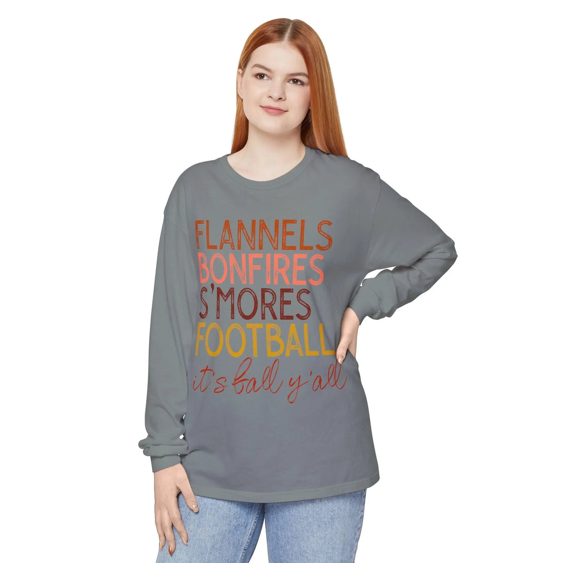 Flannels Bonfires S'mores Football Tee: Cozy Garment-Dyed Long Sleeve T-Shirt Rainbow Chaos Art Studio