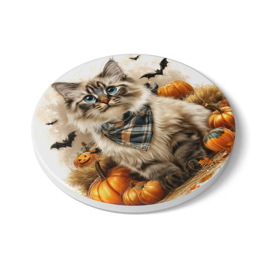 Siberian Cat *Cute Cat Halloween Ceramic Coaster* - Fall Decor, Gift for Cat Lovers, Autumn Tableware, Seasonal Home Accessory Rainbow Chaos Art Studio