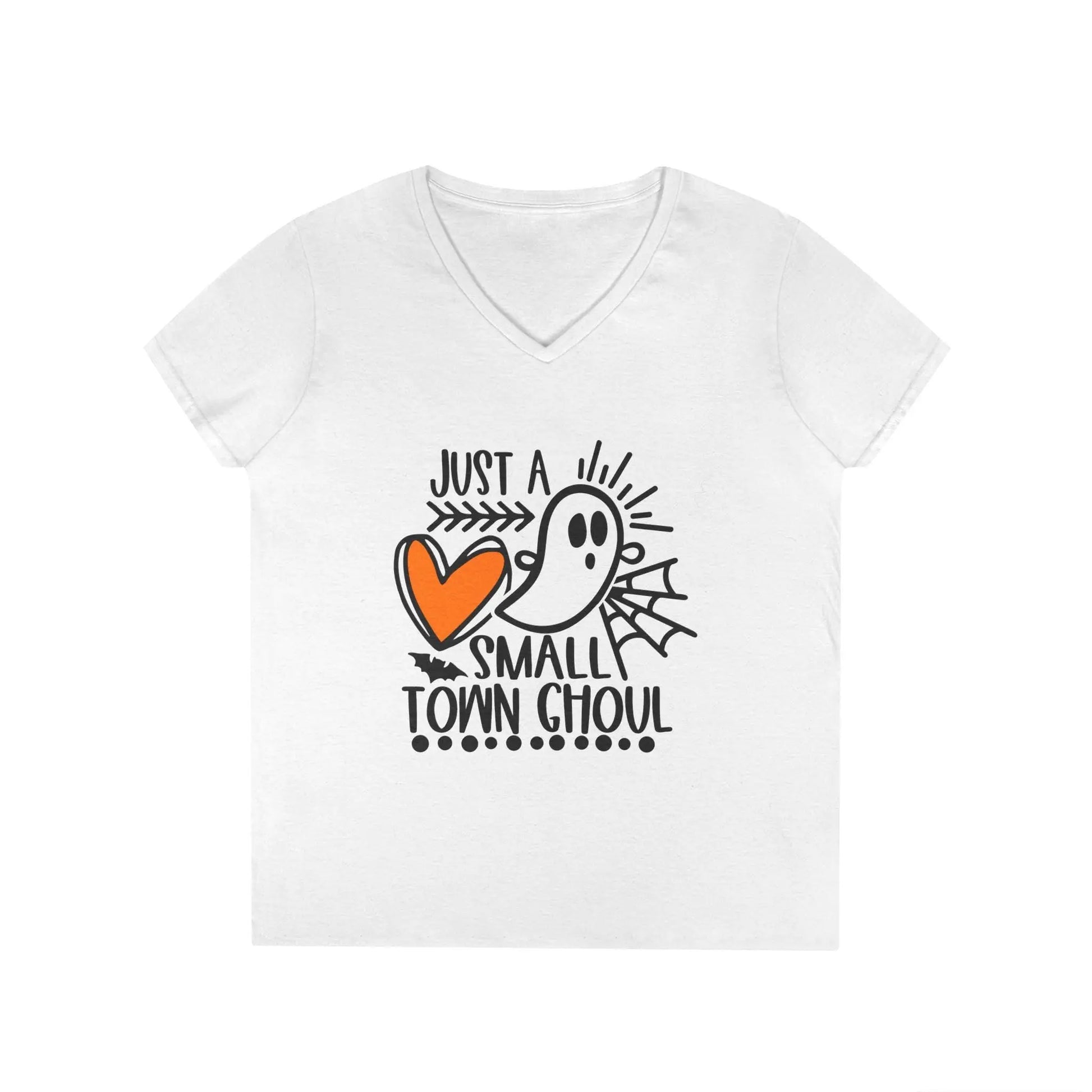Small Town Ghoul Graphic Tee: Women's Halloween V-Neck T-Shirt Rainbow Chaos Art Studio