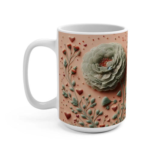 Romantic Floral Coffee Mug: 15oz Ceramic Cup, Valentine's Gift Rainbow Chaos Art Studio