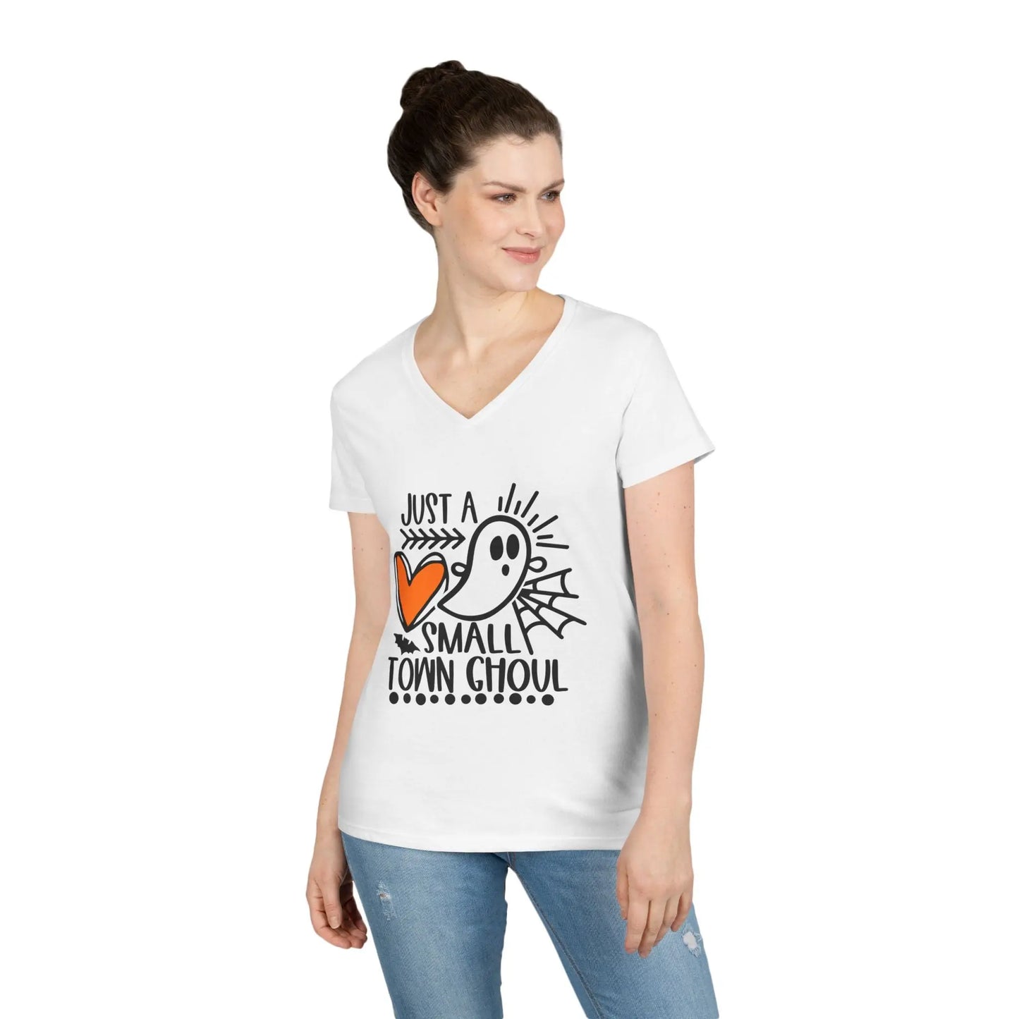 Halloween Ghost Graphic Tee, Just a Small Town Ghoul Shirt, Women's V-Neck T-Shirt, Spooky Season Top, Cute Halloween T-Shirt Printify