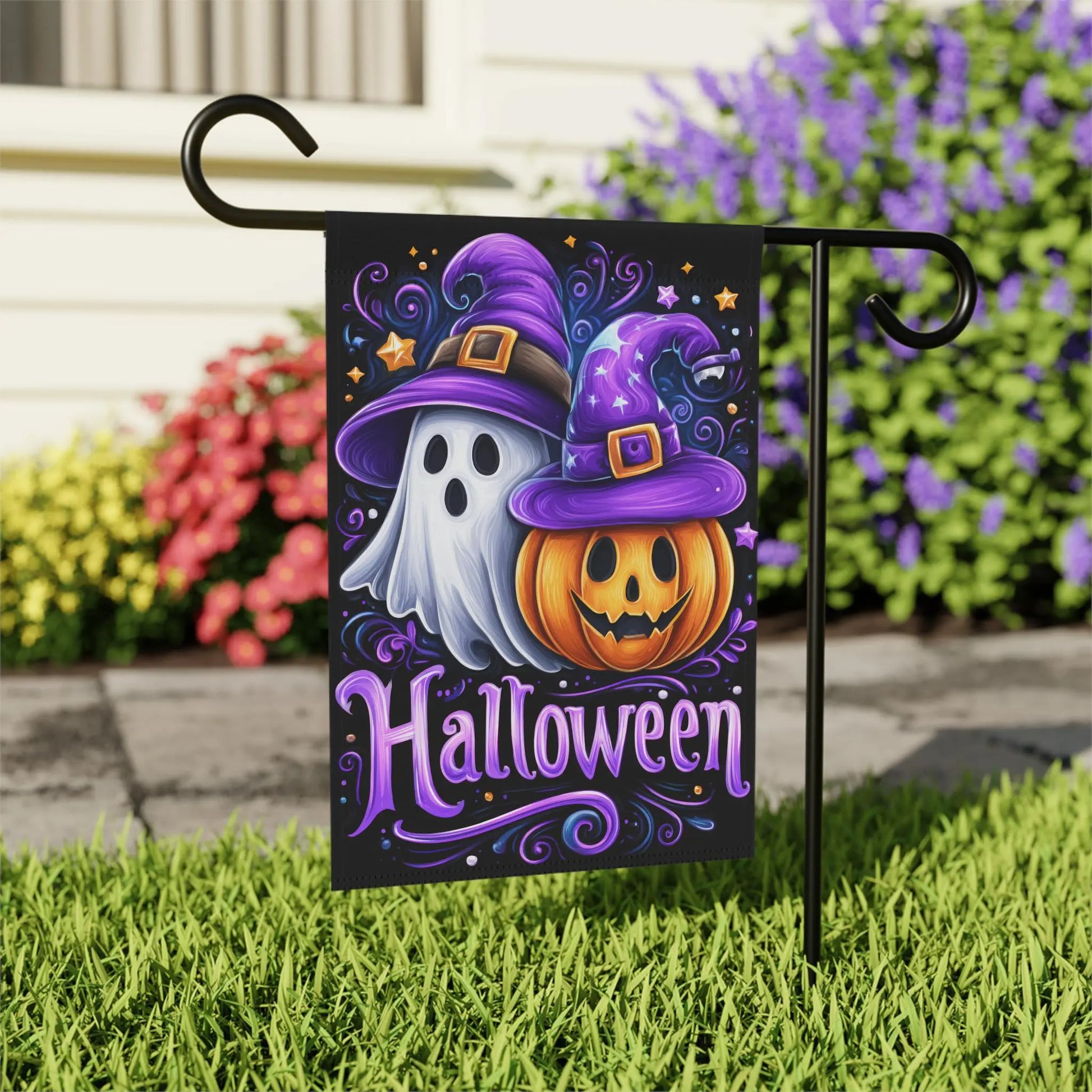 Halloween Garden Flag: Spooky Ghosts & Pumpkins - Double Sided Rainbow Chaos Art Studio