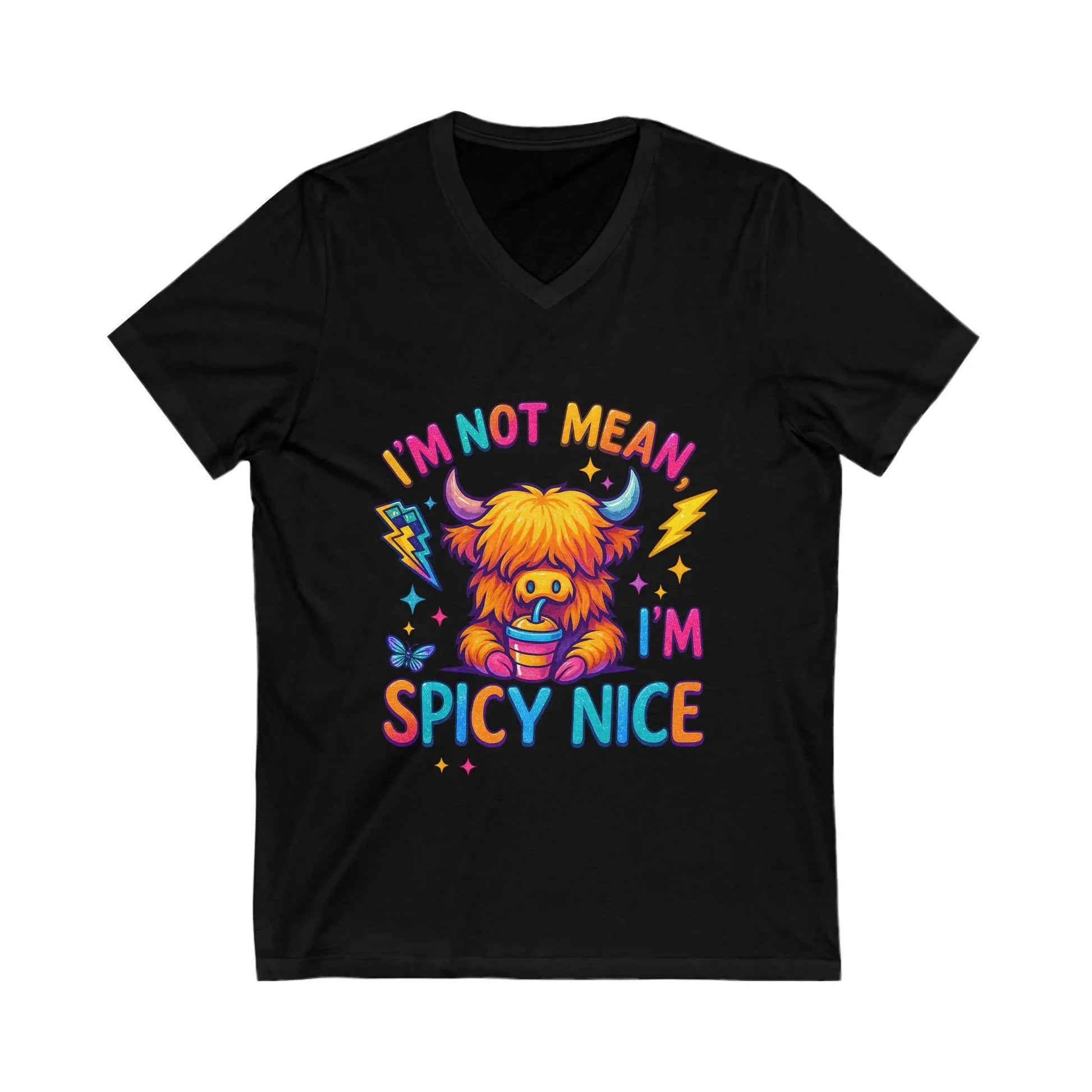 Spicy Nice Graphic V-Neck Tee: Fun Unisex T-Shirt Rainbow Chaos Art Studio