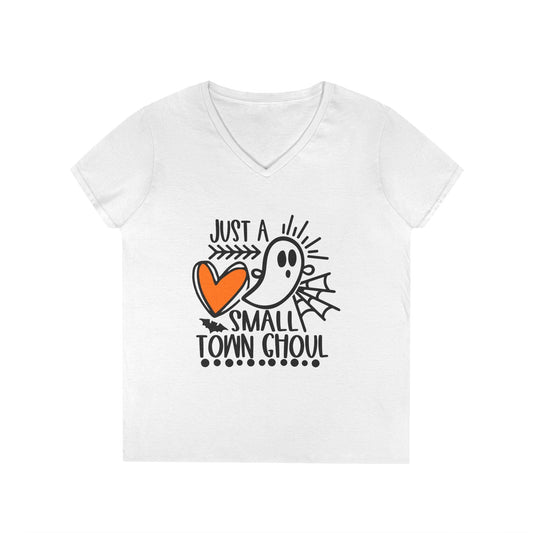 Halloween Ghost Graphic Tee, Just a Small Town Ghoul Shirt, Women's V-Neck T-Shirt, Spooky Season Top, Cute Halloween T-Shirt Printify
