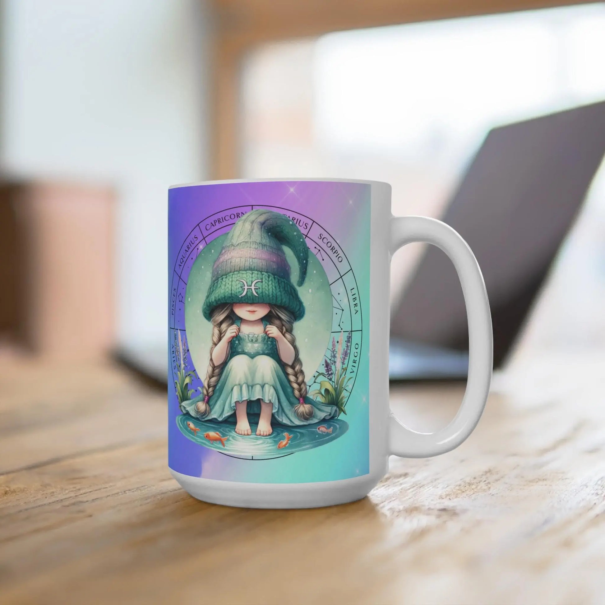 PISCES - Zodiac Gnome Mug, Pisces, Cute Coffee Cup, Birthday Gift - 15oz, Novelty Tea Mug, Unique Ceramic Cup, Astrology Lover Present Rainbow Chaos Art Studio