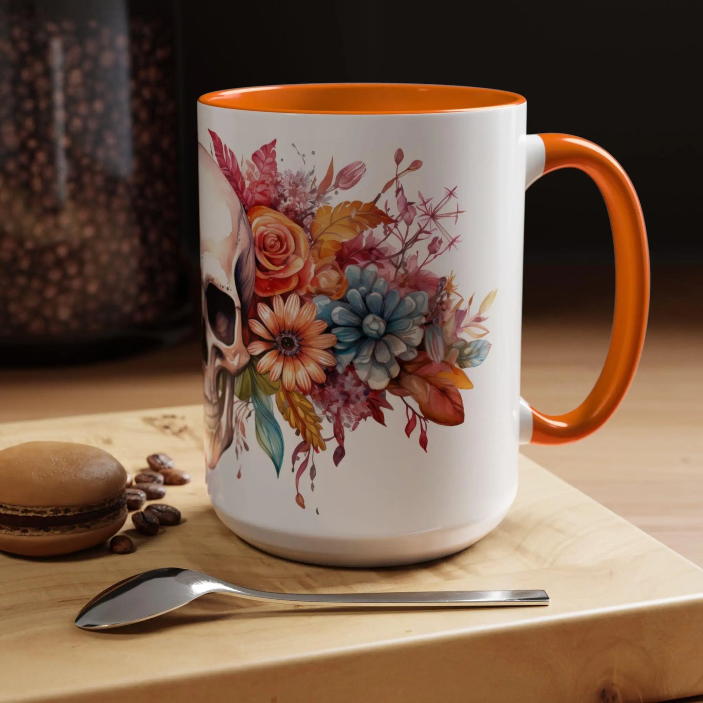 Pretty Floral Skull Coffee Mug, Gothic Coffee Cup, Unique Art Mug, Halloween Gift, Day of the Dead Decor Rainbow Chaos Art Studio