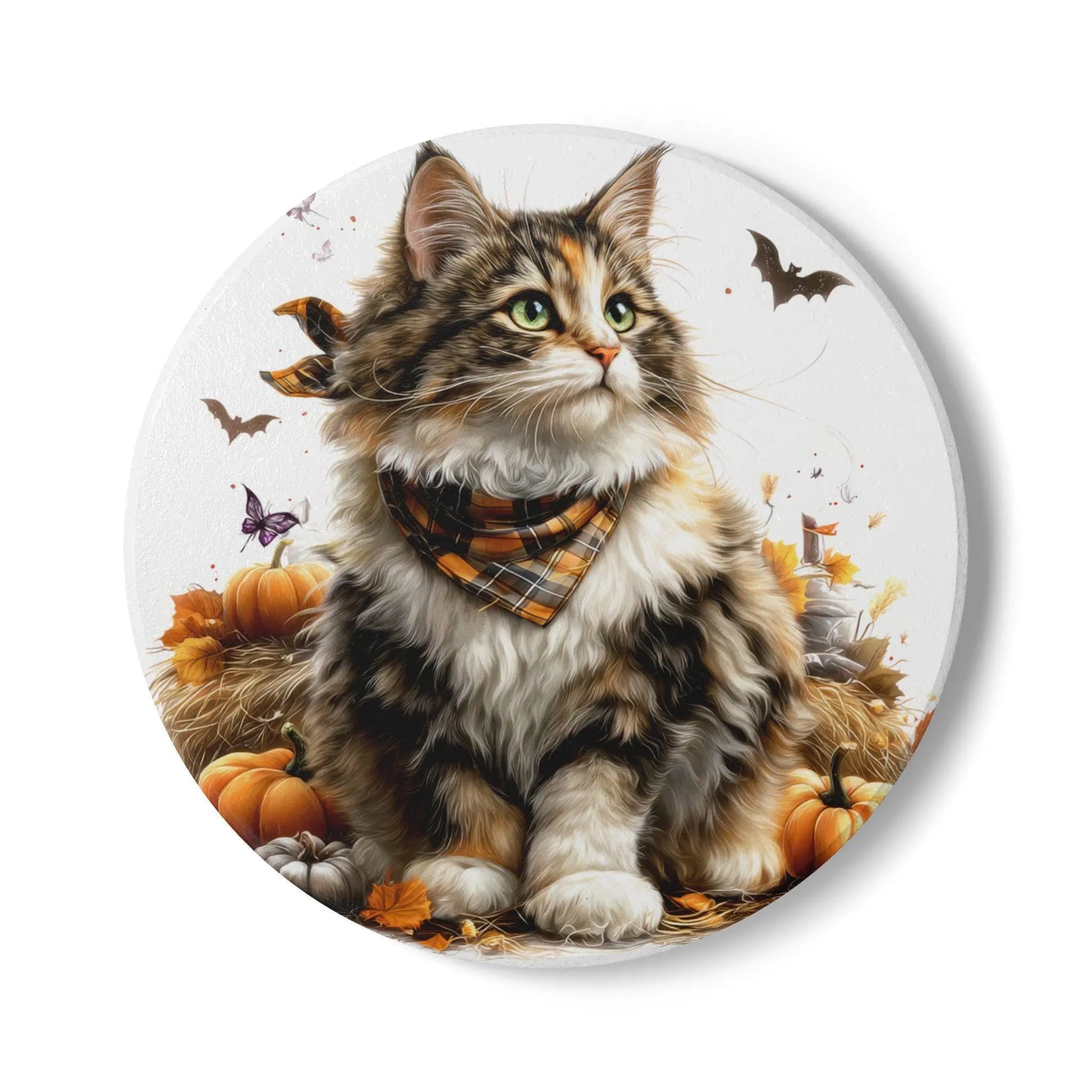 Norwegian Forest Cat Ceramic Coaster: Whimsical Fall Decor Rainbow Chaos Art Studio