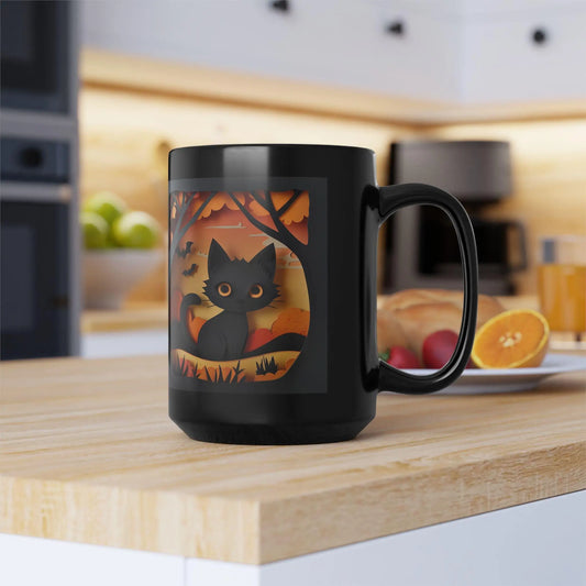 Halloween Cat Mug: Spooky Black Cat Coffee Cup, Fall Decor Rainbow Chaos Art Studio