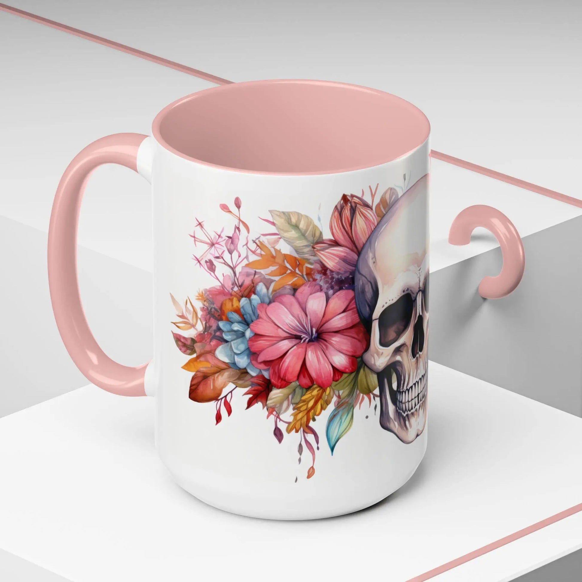 Pretty Floral Skull Coffee Mug, Gothic Coffee Cup, Unique Art Mug, Halloween Gift, Day of the Dead Decor Rainbow Chaos Art Studio