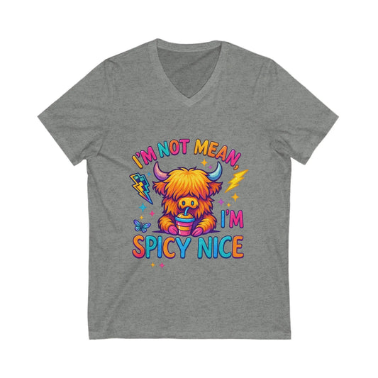 Spicy Nice Graphic V-Neck Tee: Fun Unisex T-Shirt Rainbow Chaos Art Studio