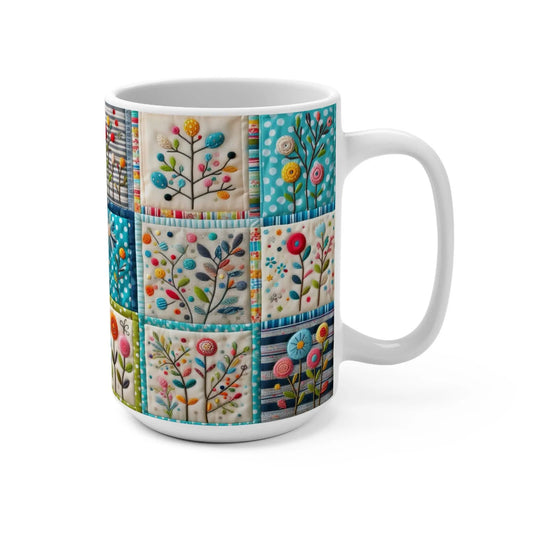 Floral Quilted Coffee Mug: Whimsical Garden Ceramic Tea Cup Rainbow Chaos Art Studio
