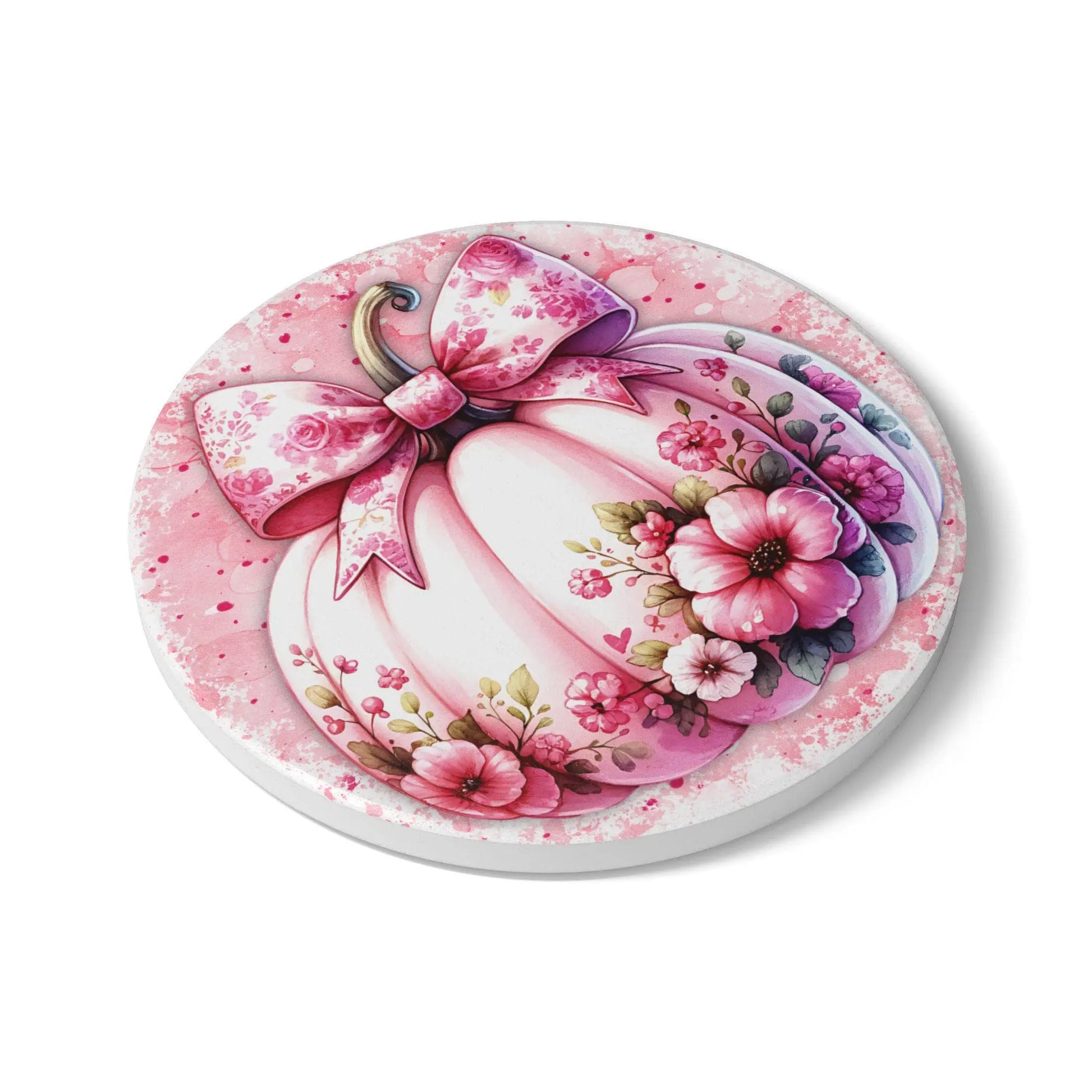 Pumpkin Floral Ceramic Coaster: Whimsical Autumn Table Decor Rainbow Chaos Art Studio
