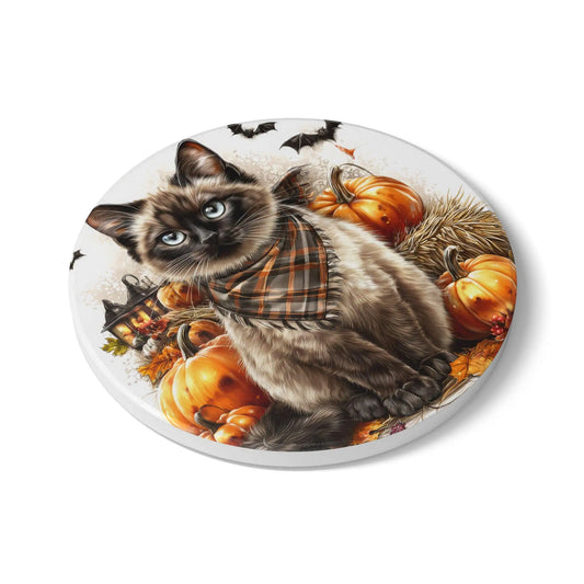 Siamese Cat Ceramic Coaster: Autumn Pumpkin Decor, Fall Vibes Rainbow Chaos Art Studio