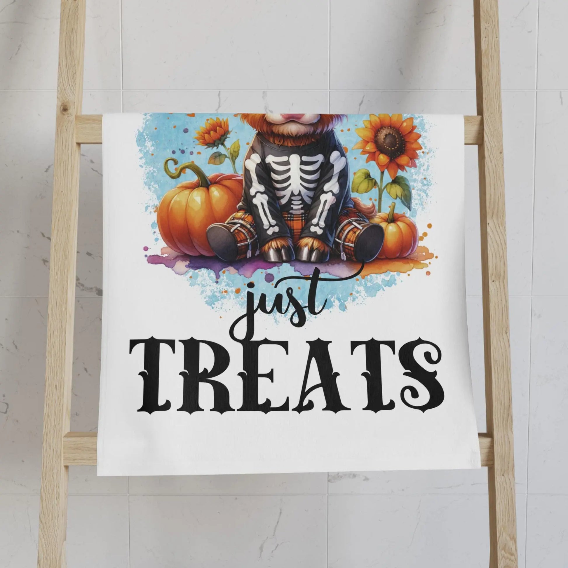 Halloween-Themed Hand Towel, Cute Cow Design, No Tricks Just Treats, Kitchen Decor, Fall Decor, Fun Gift Idea Rainbow Chaos Art Studio
