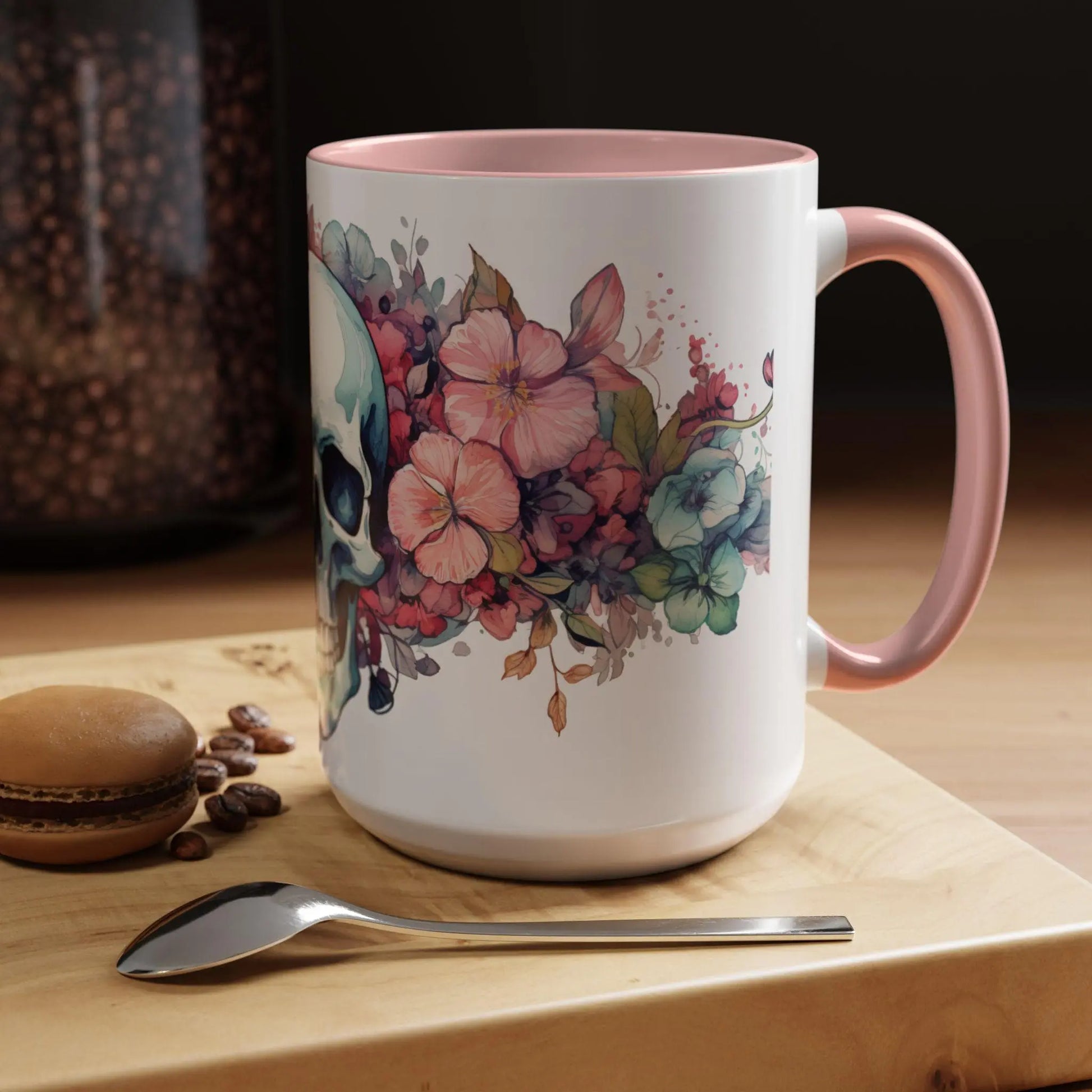 Floral Skull Coffee Mug | Unique Gift for Halloween, Day of the Dead, Skull Lovers, Artisan Coffee Drinkers Rainbow Chaos Art Studio