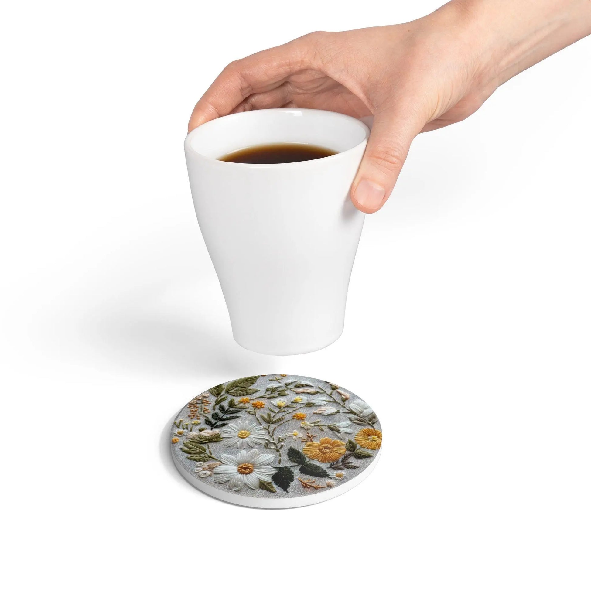 Floral Embroidered Ceramic Coaster Set: Rustic Home Decor Rainbow Chaos Art Studio