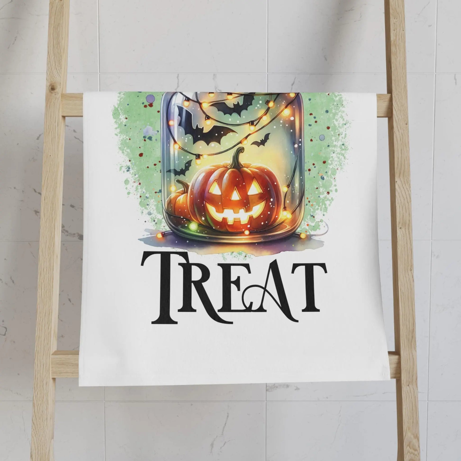 Halloween Hand Towel: Spooky Pumpkin & Bats Kitchen Decor Rainbow Chaos Art Studio