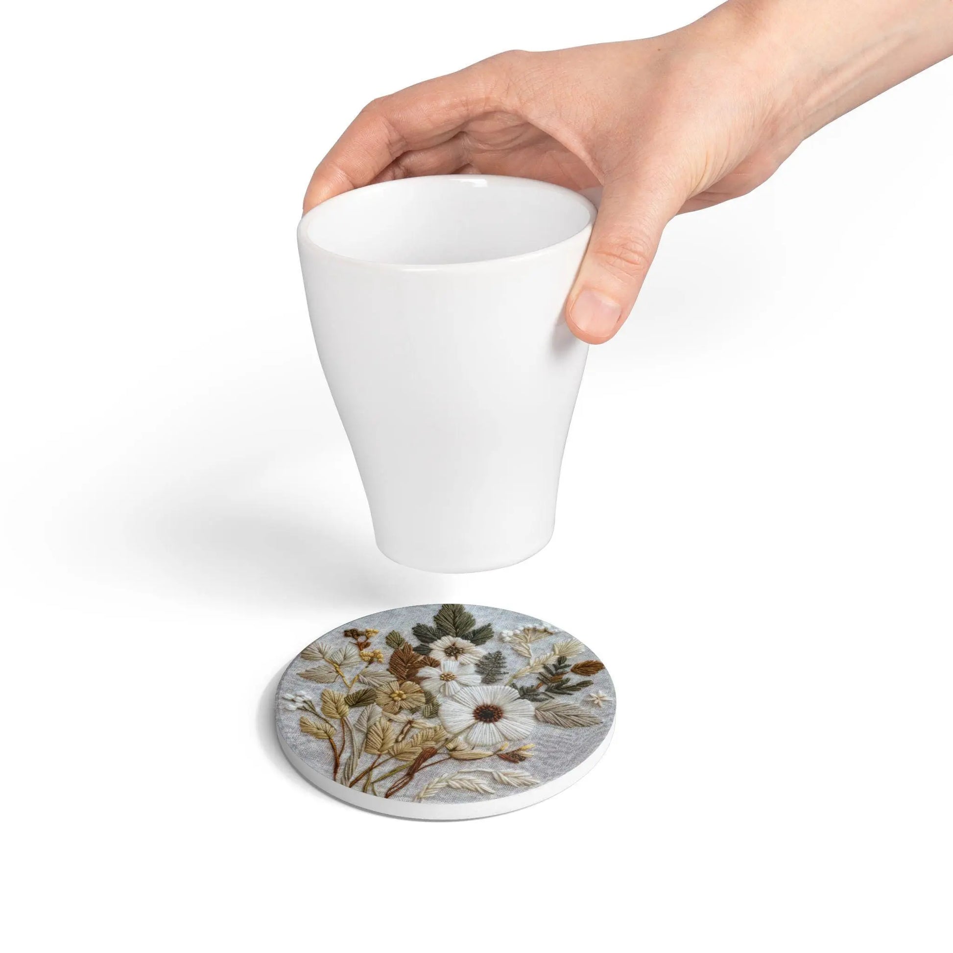 Floral Embroidered Ceramic Coaster: Boho Kitchen Decor Rainbow Chaos Art Studio