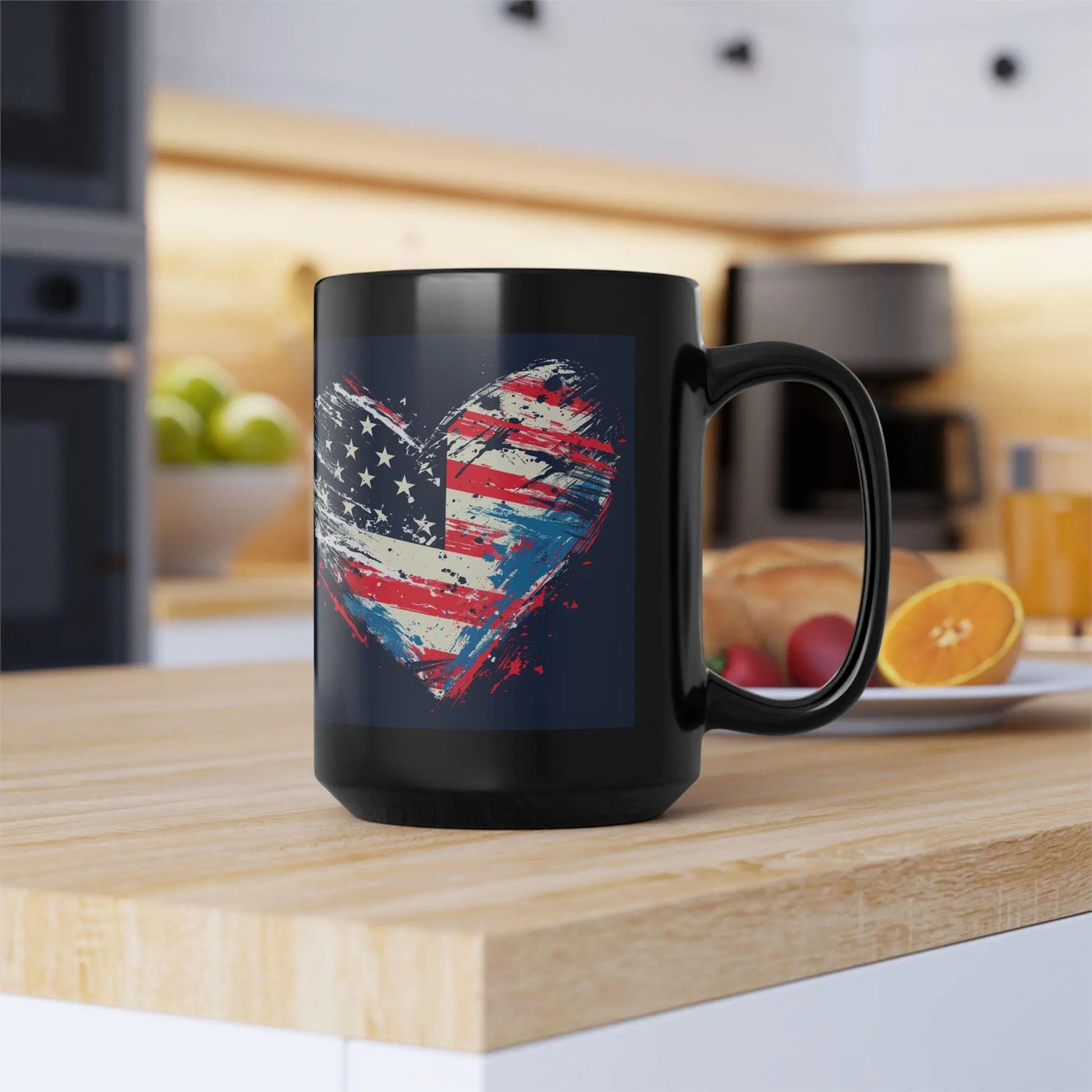 Patriotic Heart Mug: 15oz Black Coffee Cup, USA Flag Design Rainbow Chaos Art Studio