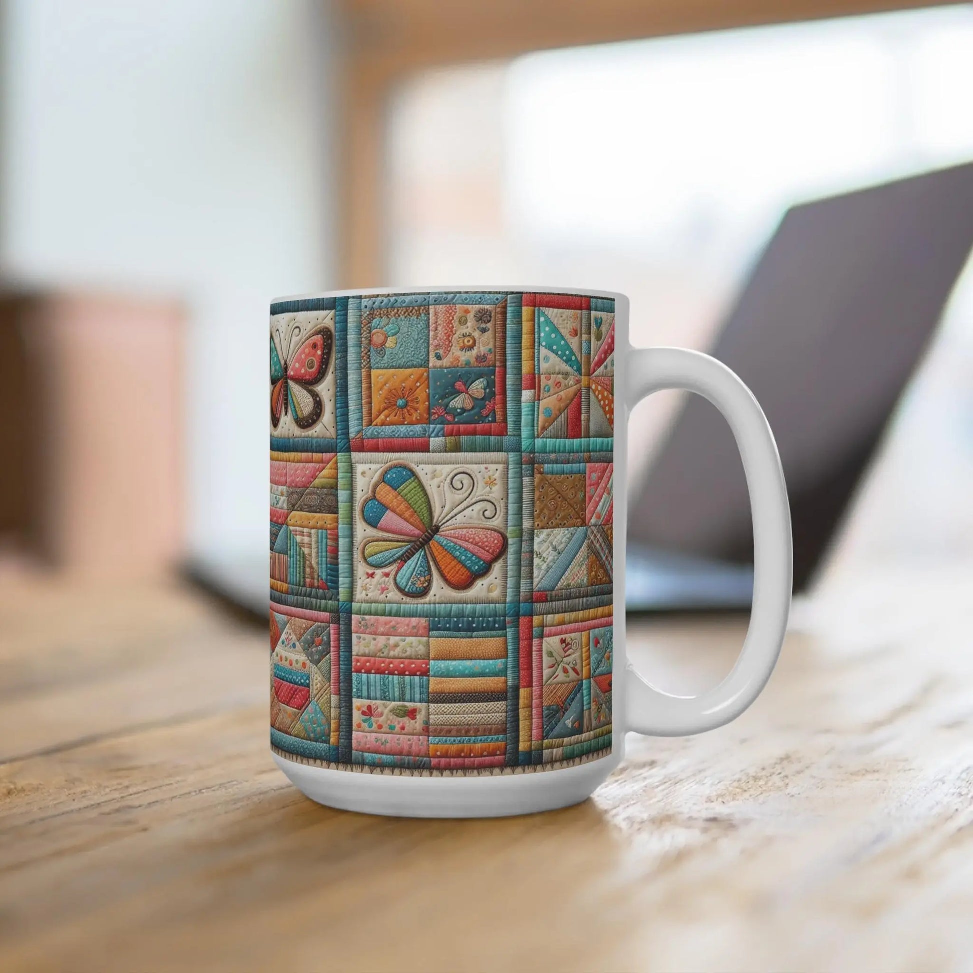Butterfly Patchwork Mug: Colorful Quilted Ceramic Coffee Cup Rainbow Chaos Art Studio